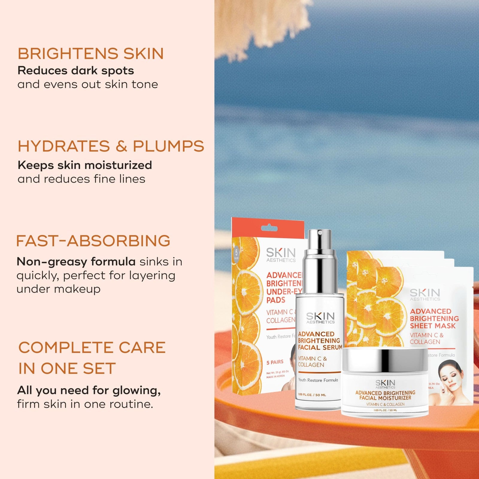 Skin Aesthetics Vitamin C and collagen set featuring anti-aging skincare products with dermatologist testing.