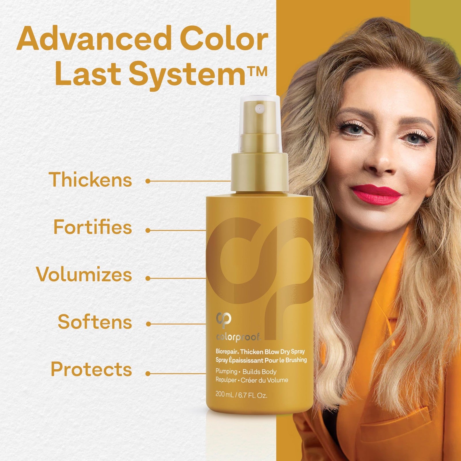 ColorProof Biorepair Thicken Blow Dry Spray for volumizing hair prep, showing the 6.7oz bottle with a pump dispenser.