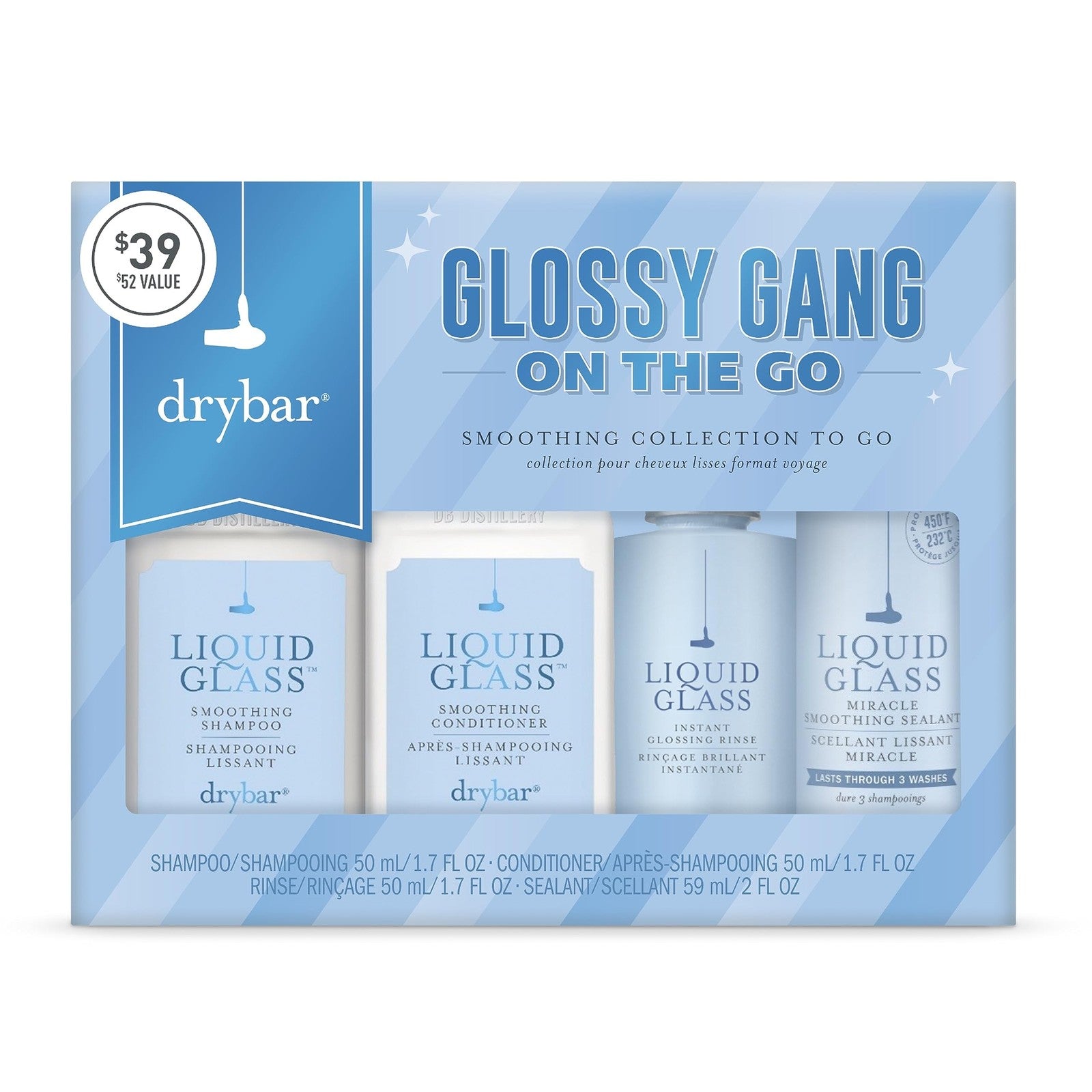 Drybar Glossy Gang On-the-Go Kit with frizz control and shine travel set, featuring small bottles of hair serum and styling products.