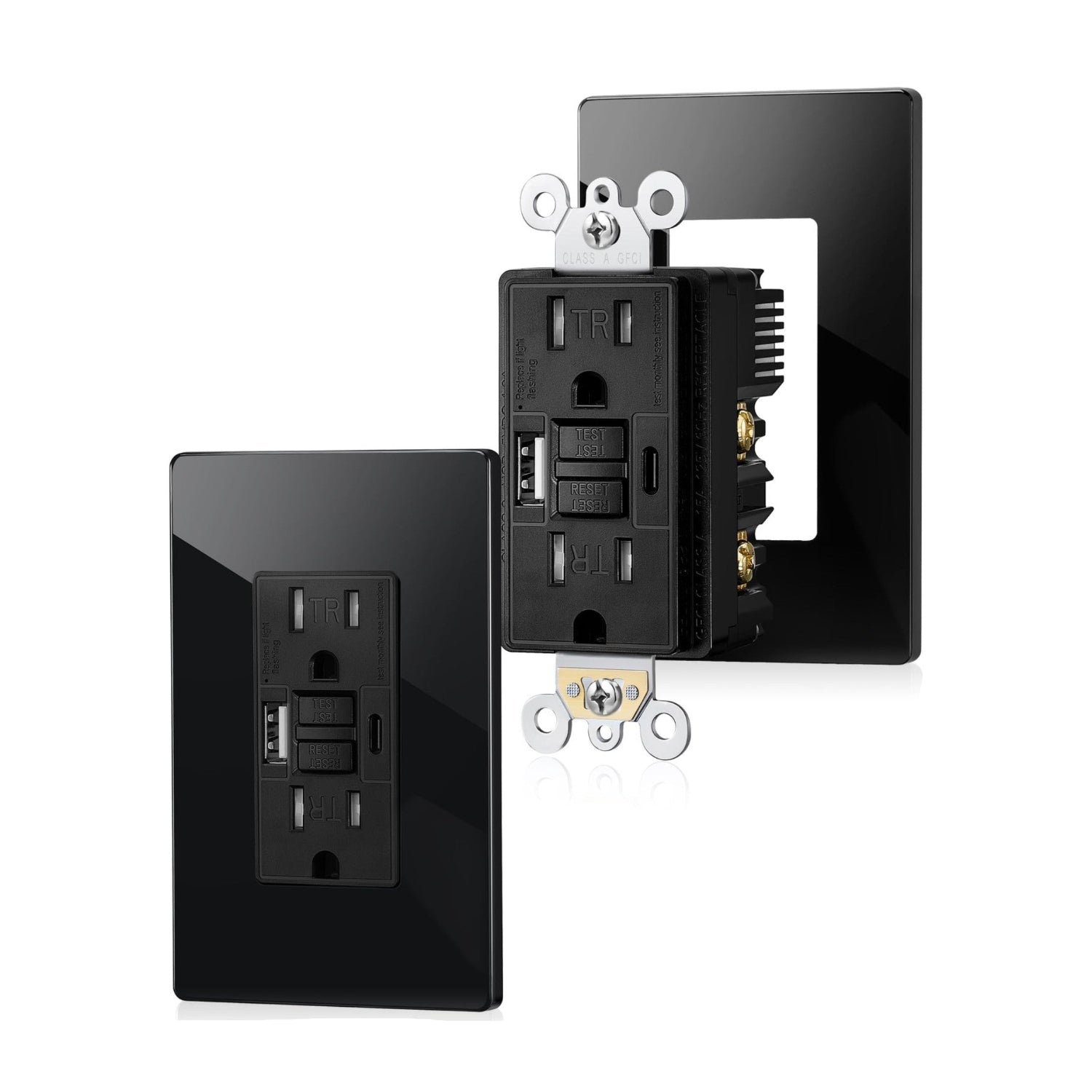 SURAIELEC 15 Amp GFCI outlet with USB ports, self-test function, safety cover, and electrical socket for home or office use.