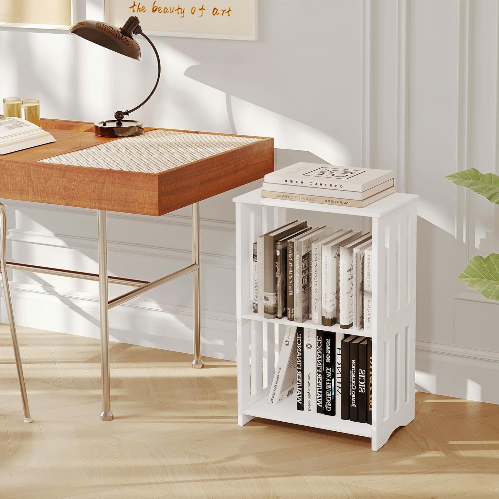 HAYOFAMY 3-tier white end table set of 2, small bookshelf and night stand with open shelving for living room or bedroom decor