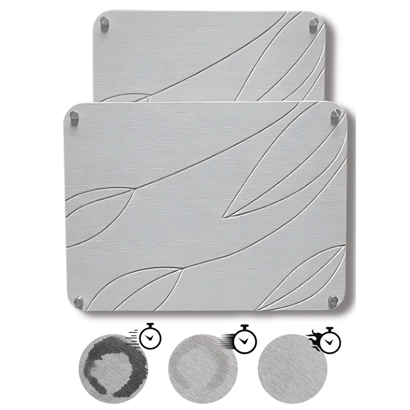 Two Crafty Witty nesting stone drying mats for kitchen counters, made of diatomaceous earth for fast, efficient dish drying.
