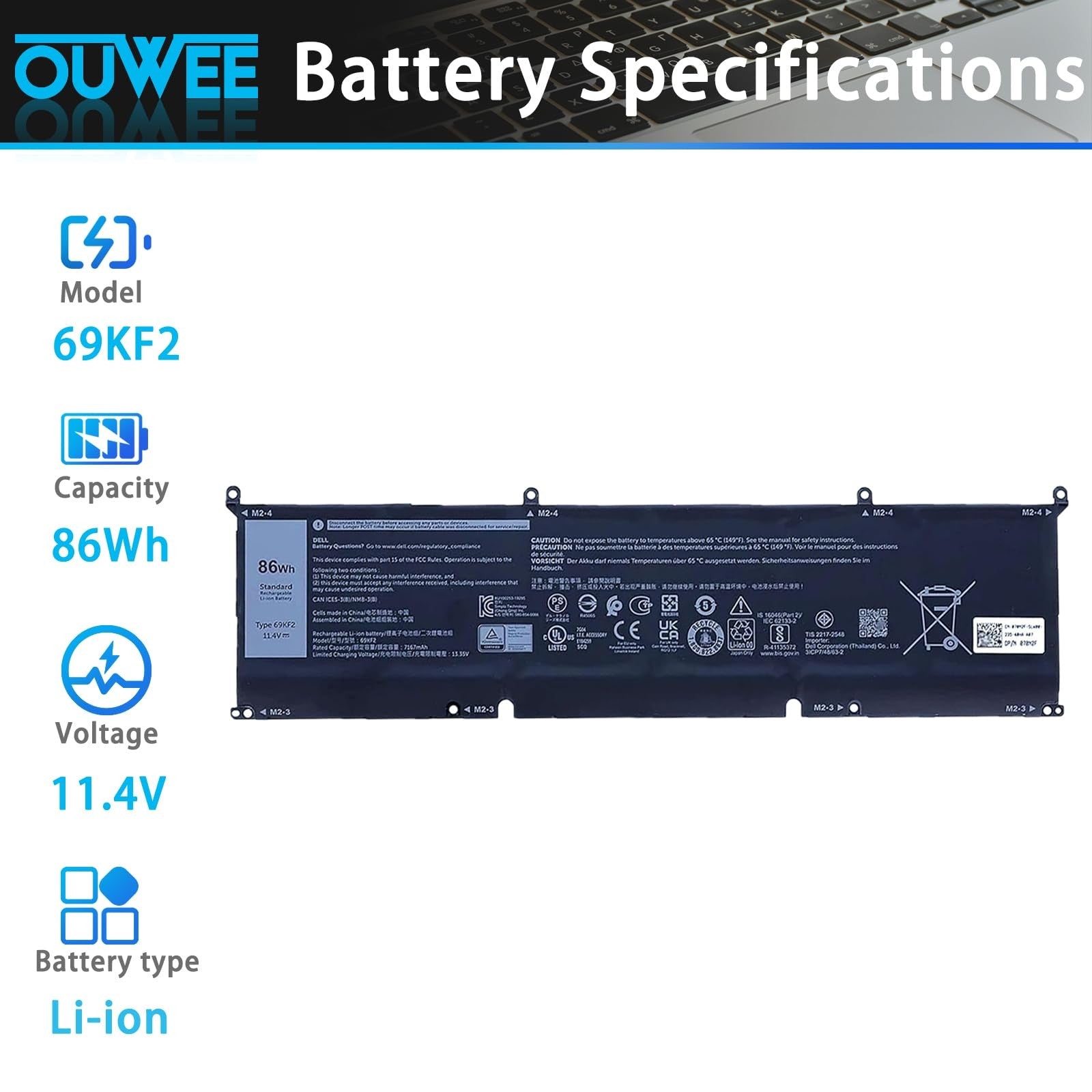 Ouwee 86Wh 69Kf2 battery replacement for Dell G7 15 7500 and G15 5510 gaming laptops, showing the battery's compact design.