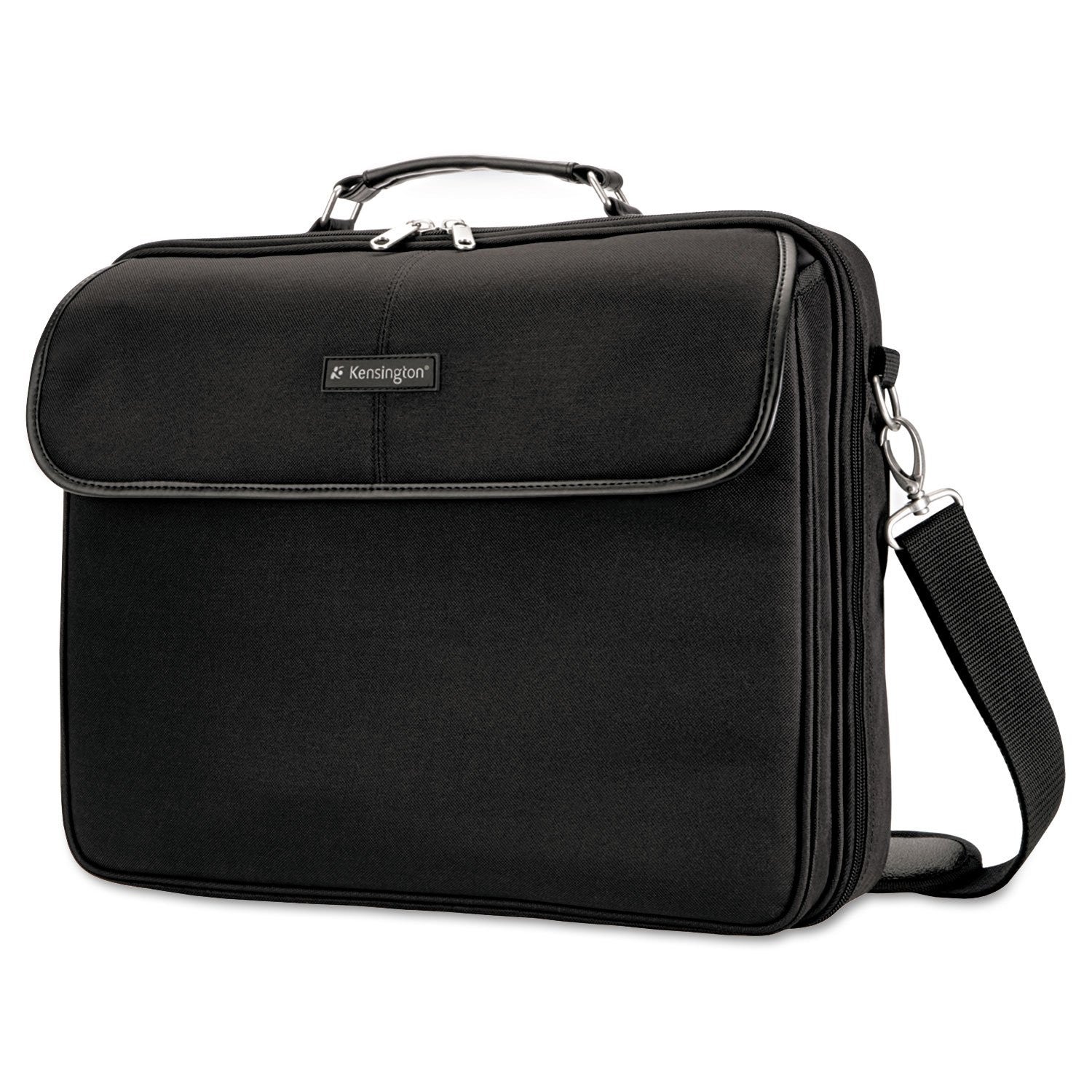 Black Kensington carrying case for 15.6-inch laptops, featuring padded compartments and a durable design for safe transport.