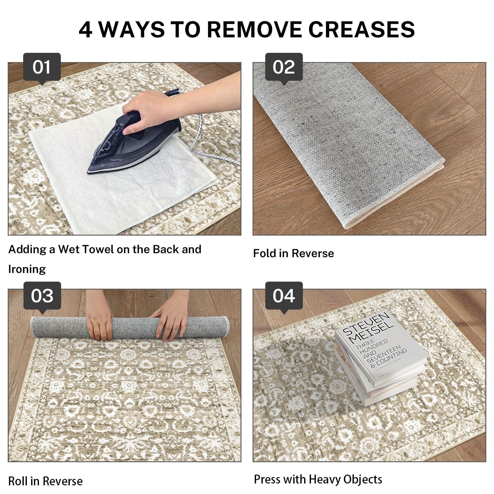 Lansny vintage floral 2x7 runner rug in beige, tan, and white with washable, non-slip kitchen design.