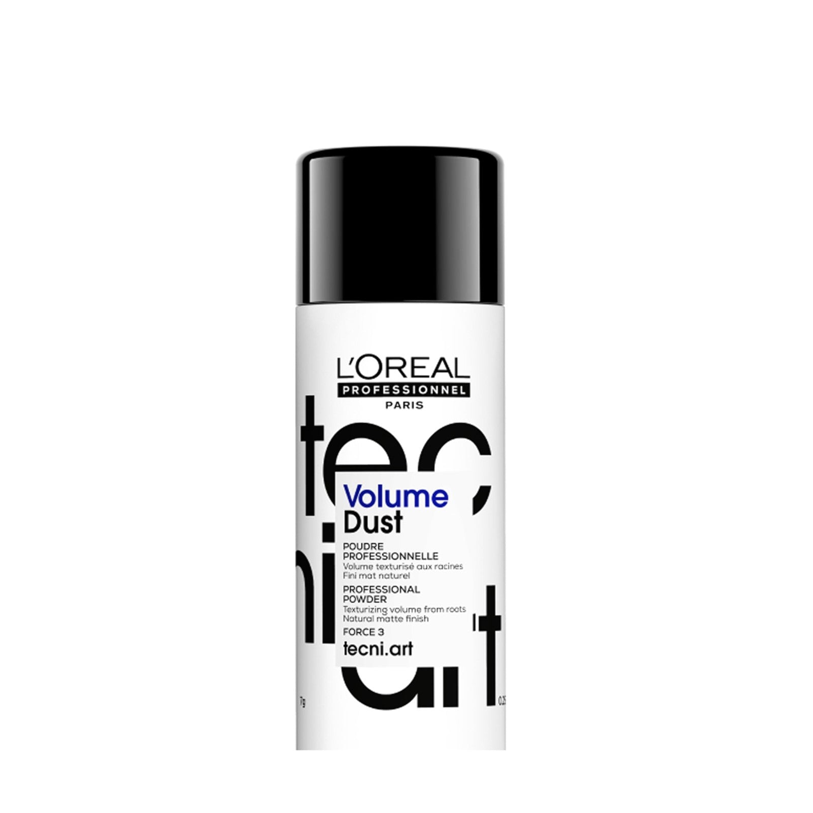 L'Oréal Professionnel Paris Volume Dust, weightless powder for all hair types, shown in a container with product texture visible.