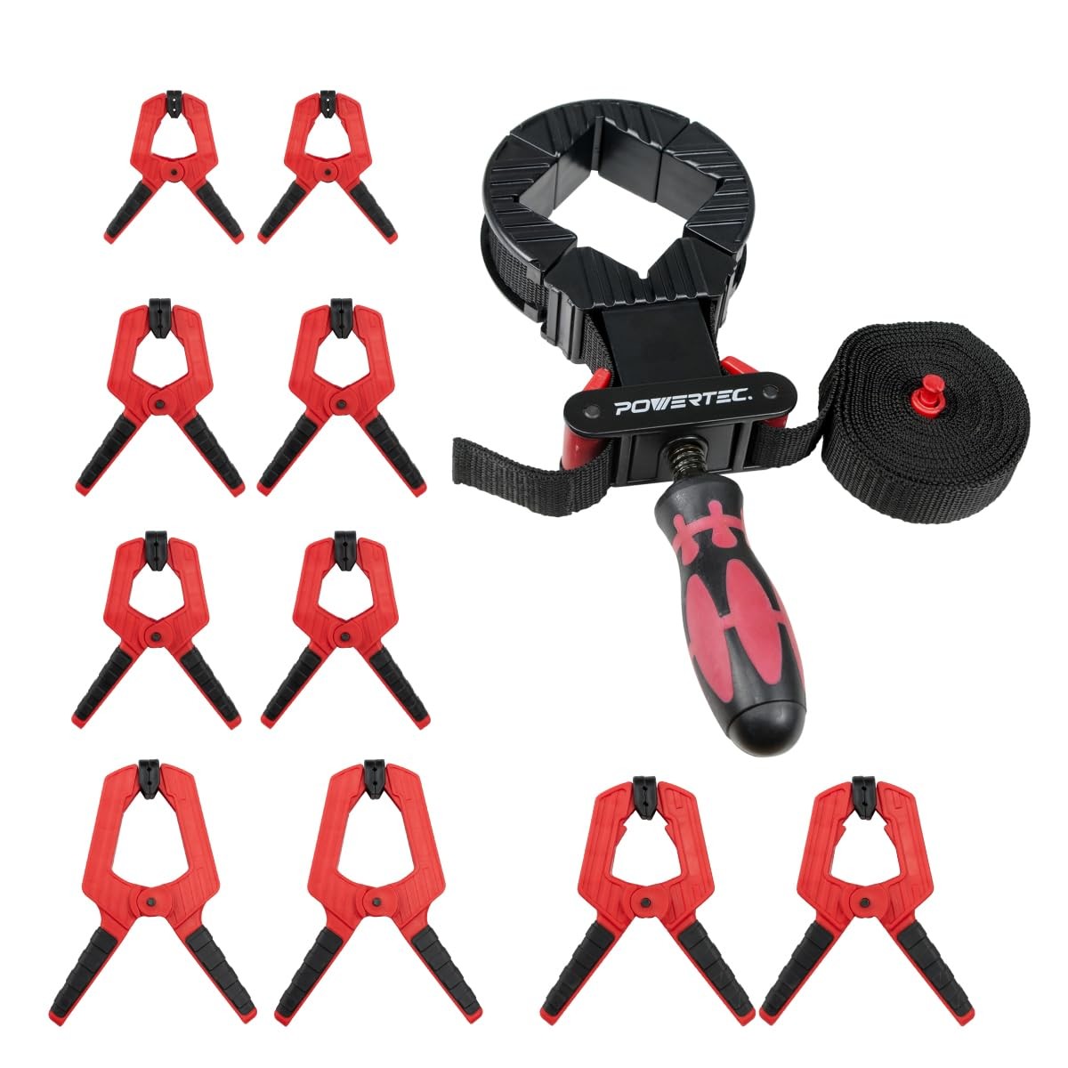 POWERTEC 72208 Deluxe Quick Release Strap Clamp and Spring Clamps set for woodworking, showing the clamps in a workshop setting.