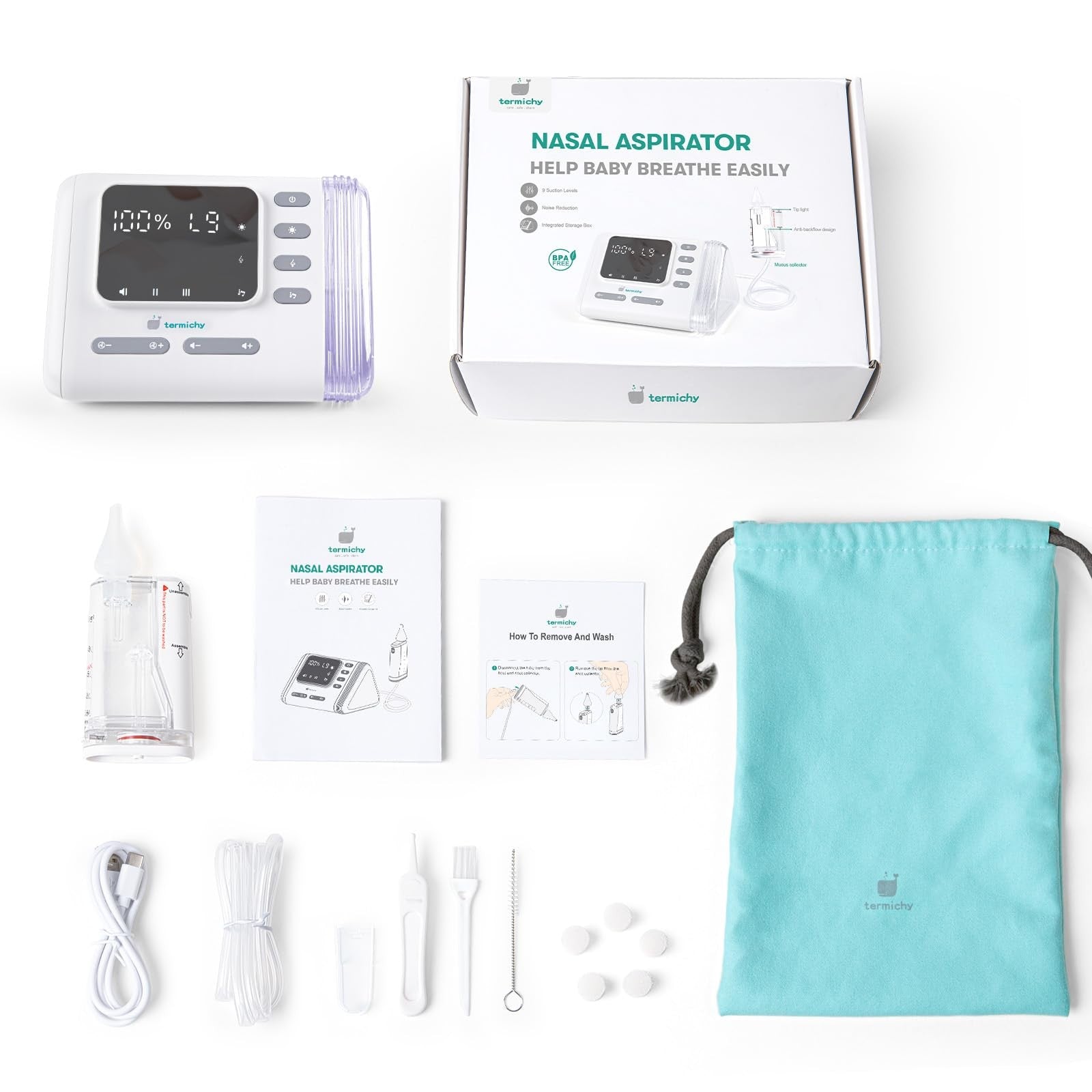 Termichy electric nasal aspirator for babies with rechargeable design and 9 levels of suction, shown with nose tips and control buttons.