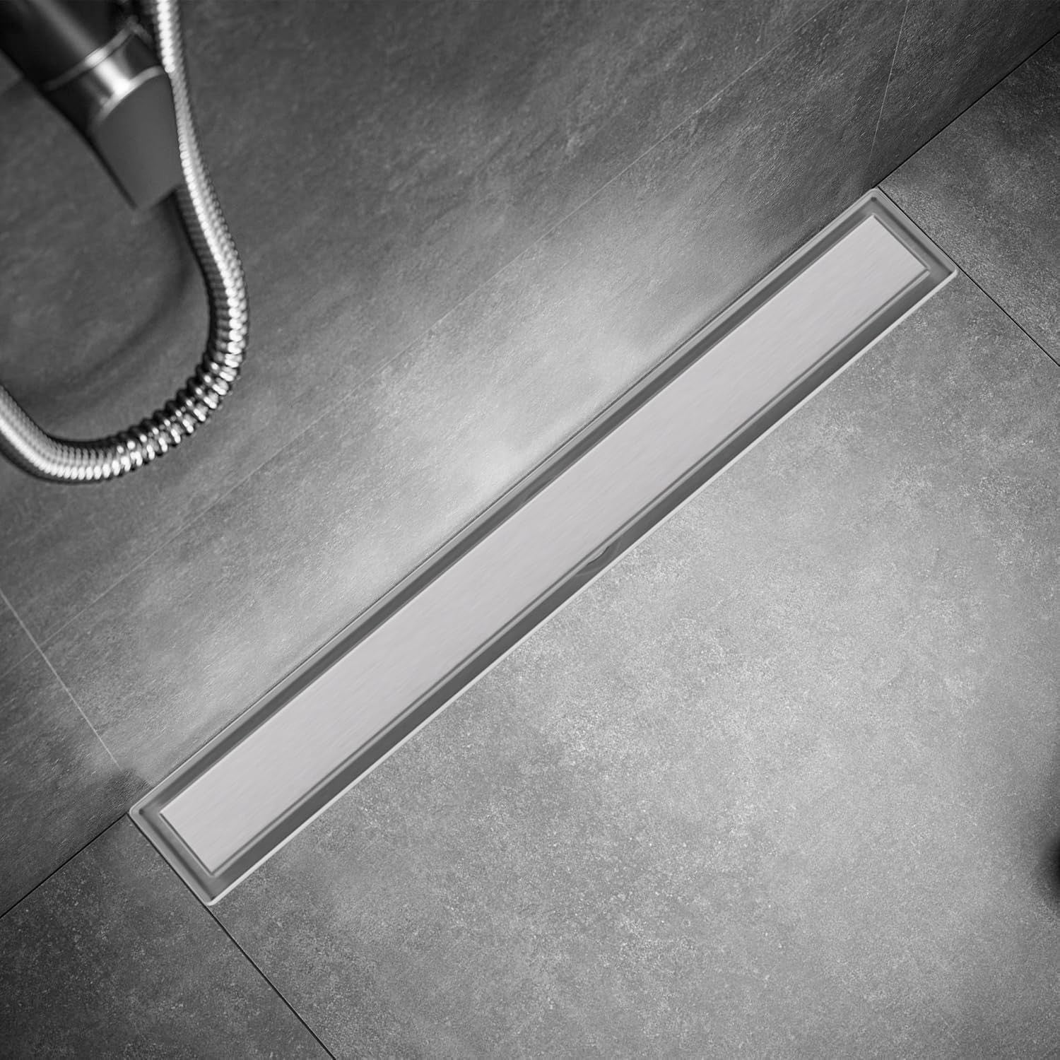 Brushed nickel 24-inch linear shower drain tile insert grate with rectangular design by Bmvlffs, suitable for modern bathroom showers