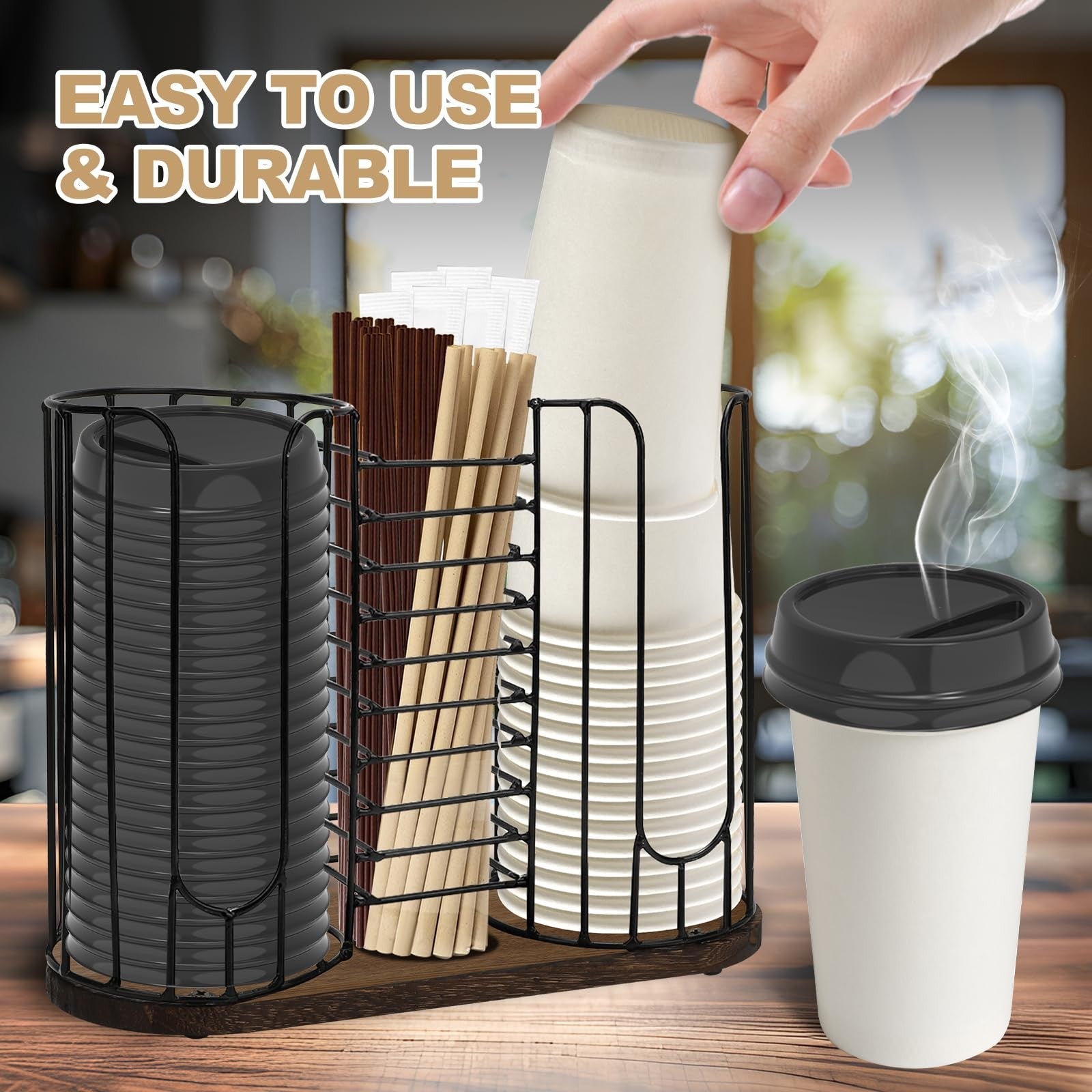 Tanggiteck 3-compartment 18oz coffee cup dispenser rack with wood base, designed for disposable coffee cups and accessories.