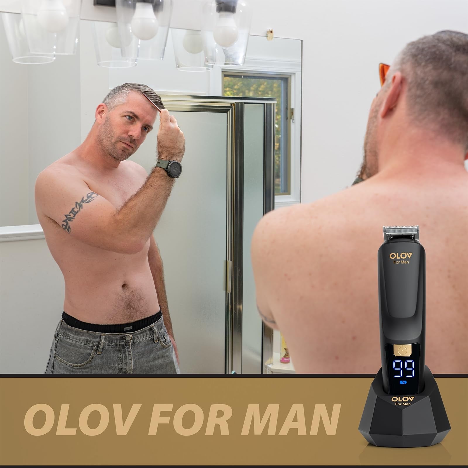 OLOV For Man beard trimmer and men's grooming kit with 21 attachments, hair clipper, and grooming accessories on a countertop