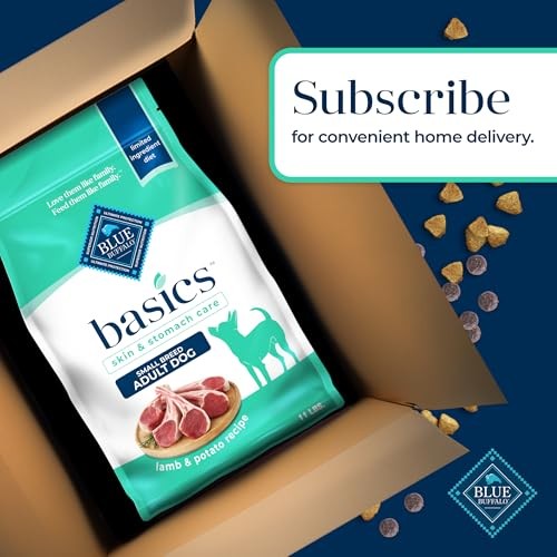 Blue Buffalo Basics grain-free small breed adult dog food with lamb and potato in a dry kibble form.