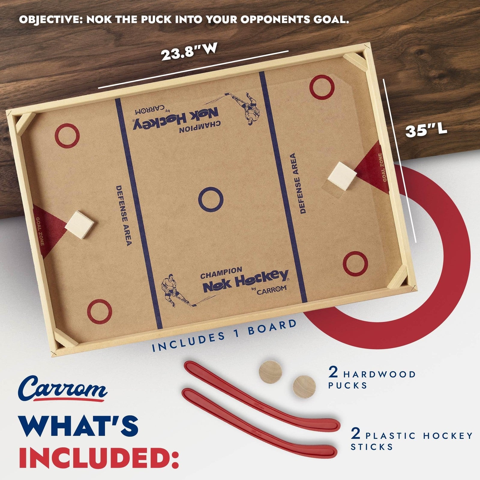 Carrom Champion Nok Hockey game with wooden board and pucks, ideal for adults, standard size wooden indoor game set.