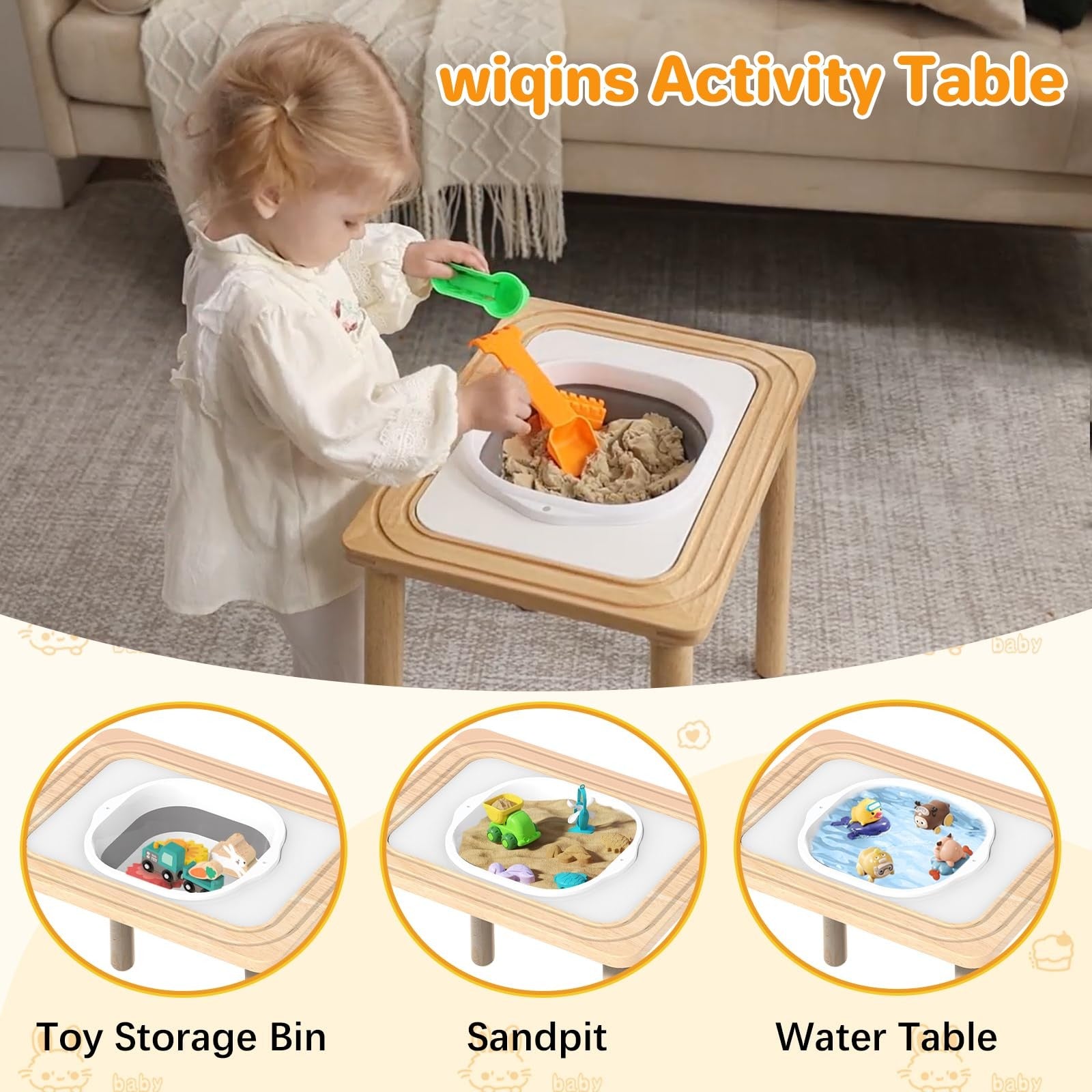 Wiqins 3-in-1 baby activity table for 6-36 months, wooden activity center with colorful interactive toys and learning features.