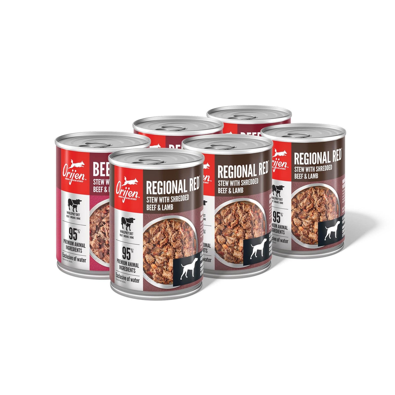 ORIJEN Real Meat Shreds Wet Dog Food Variety Pack with Regional Red Beef in 12.8oz cans, showcasing the shredded beef dog food.