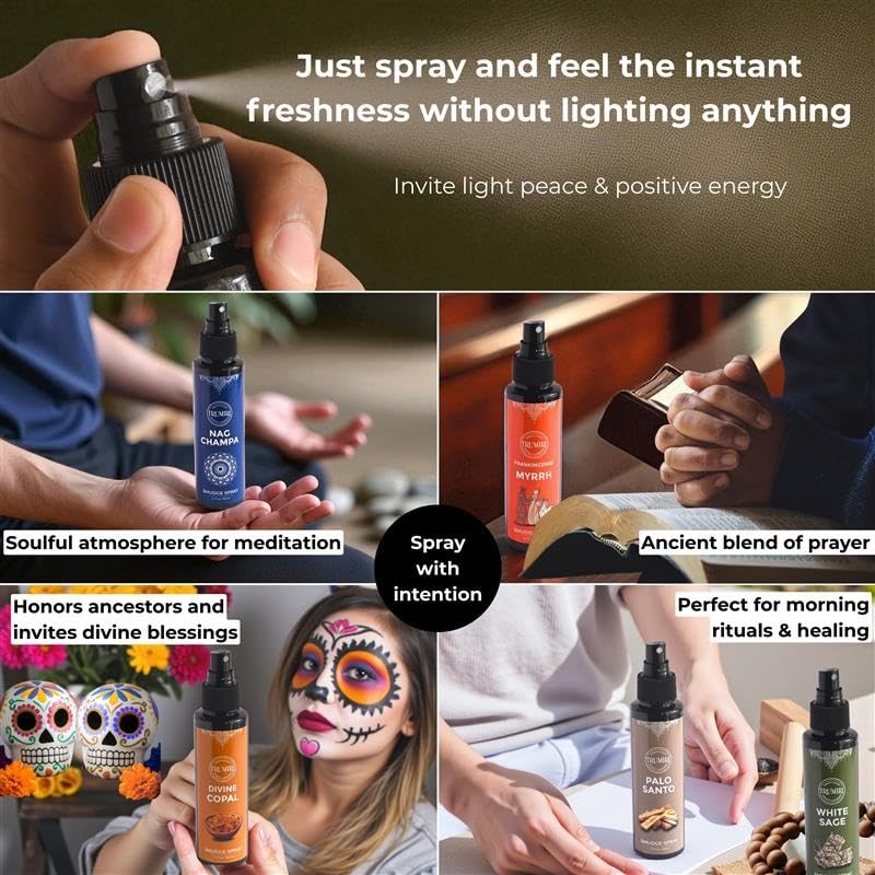 Set of 5 TRUMIRI smudge sprays featuring white sage, palo santo, frankincense, myrrh, nag champa, and copal in spray bottles.