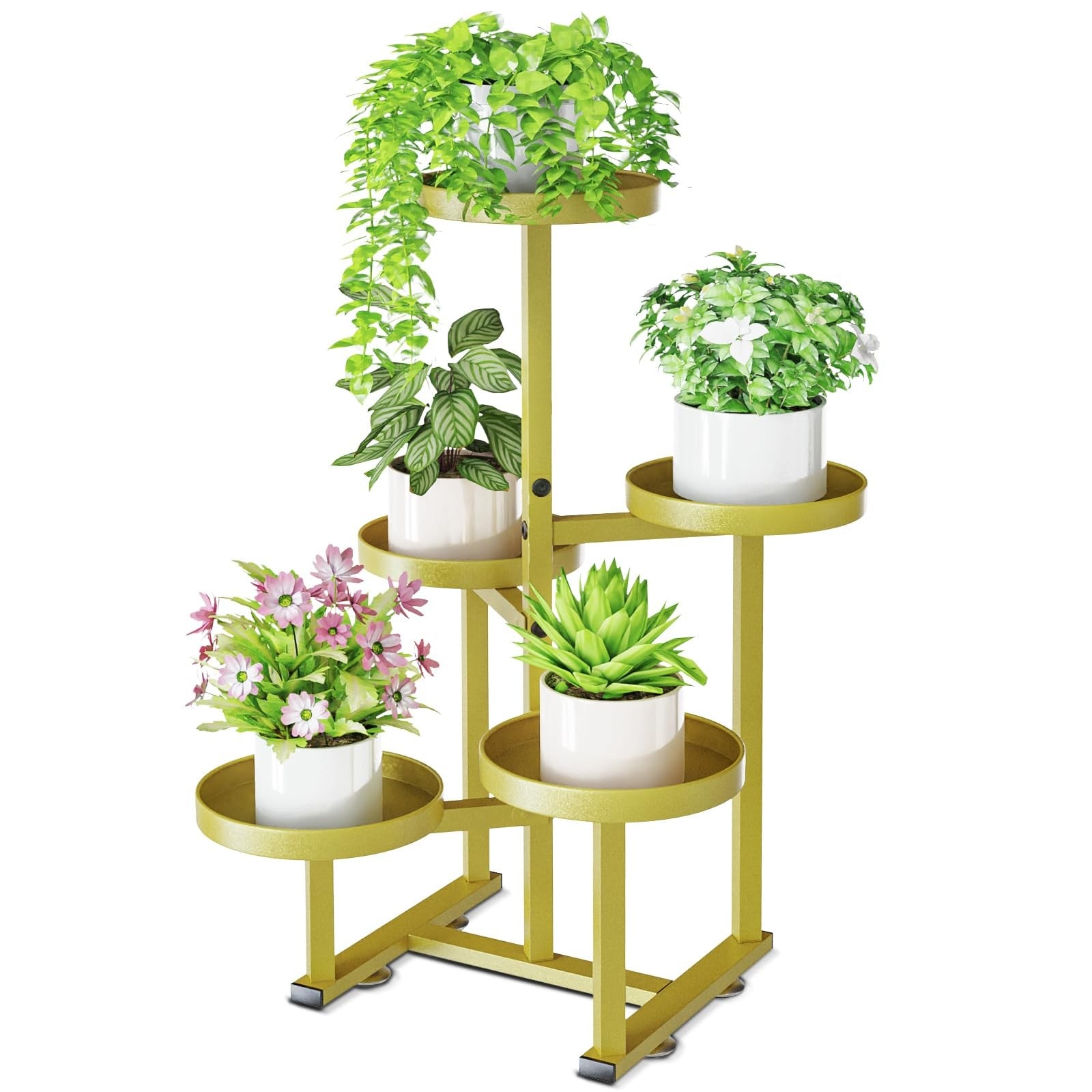 JSYONII 5-tier gold metal plant stand for indoor and outdoor use, corner tiered plant shelf with multiple levels for displaying plants.