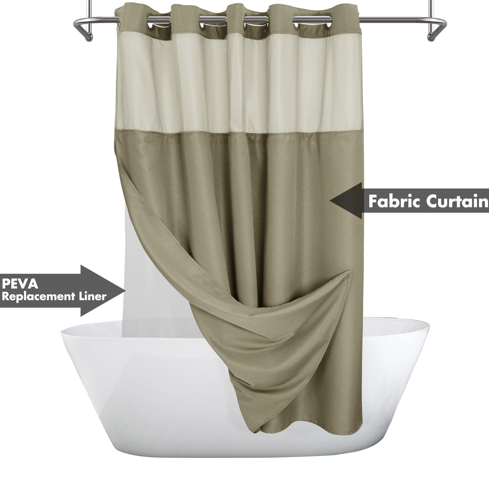 River Dream textured shower curtain and PEVA liner set with hooks, 71 inches, featuring slub fabric for bathroom decor.
