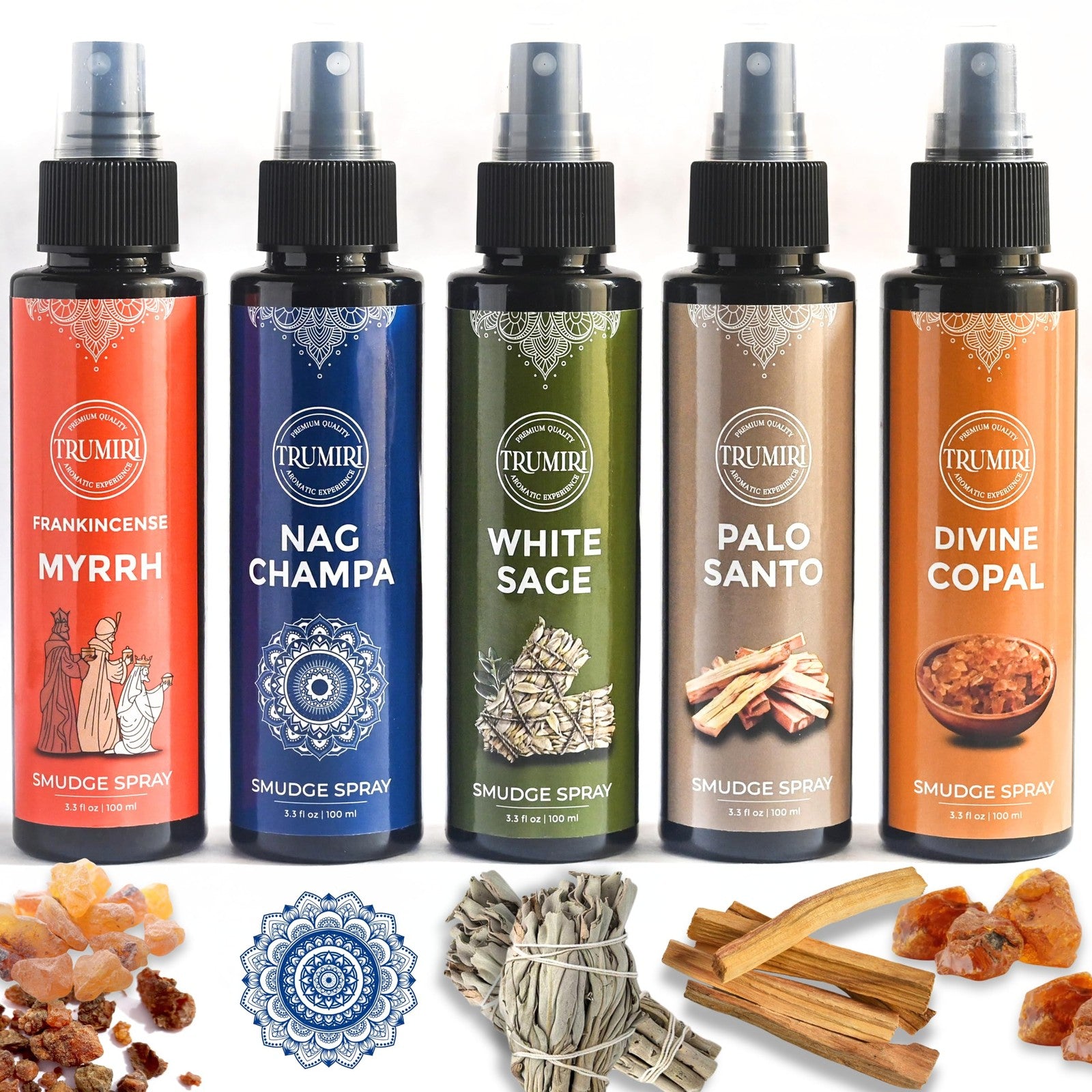 Set of 5 smudge sprays including white sage, palo santo, frankincense, myrrh, nag champa, and copal by TRUMIRI, displayed in bottles.