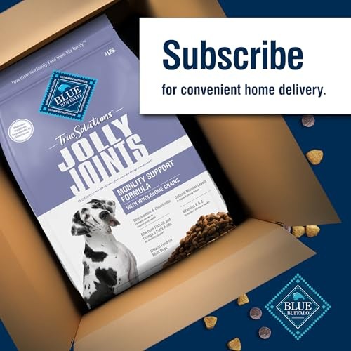 Blue Buffalo True Solutions Mobility Care natural dry dog food for adult dogs, featuring a bag with a blue label and dog images.