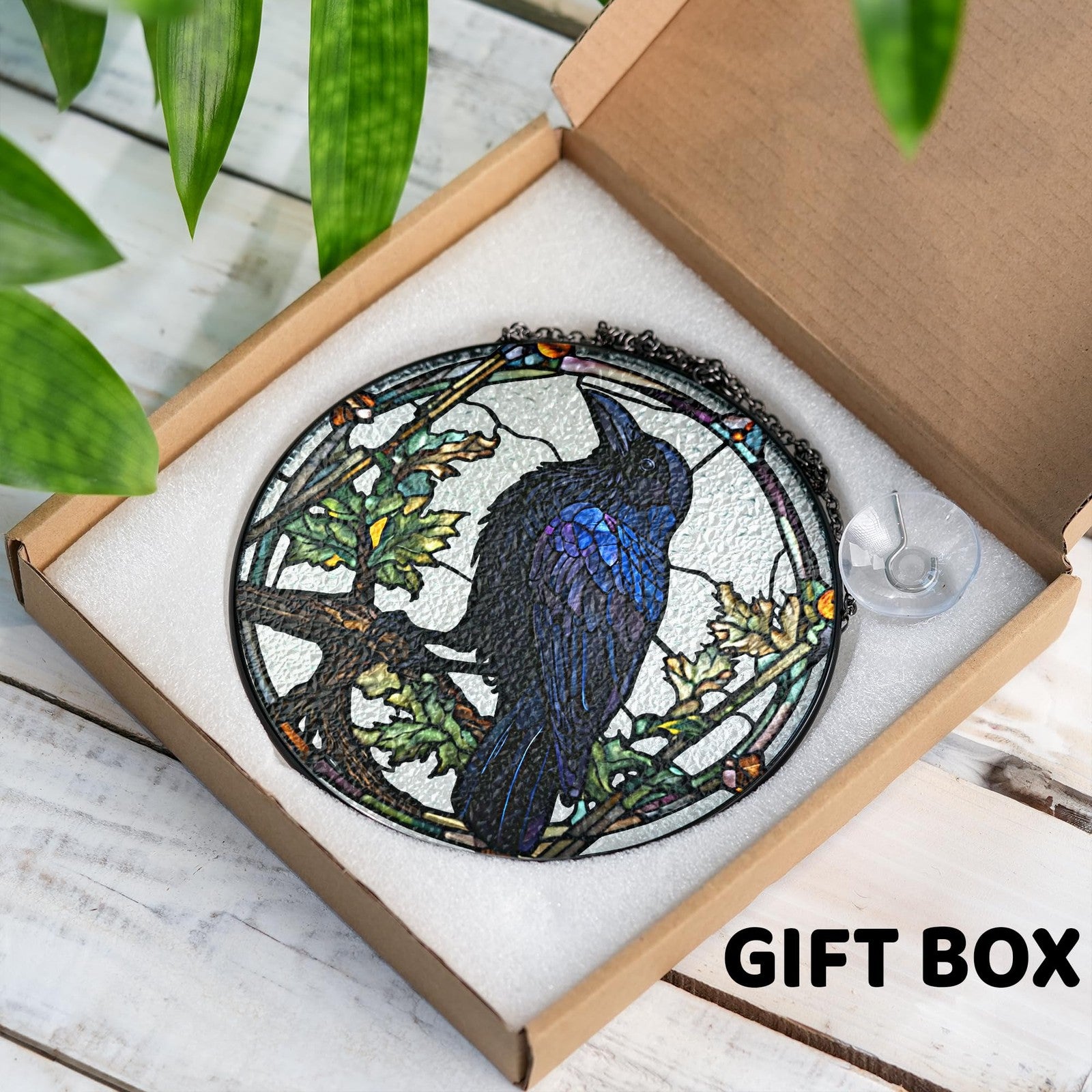 Vinatimes 7.8-inch crow stained glass suncatcher with art glass ravens for indoor gothic sun catcher decor.