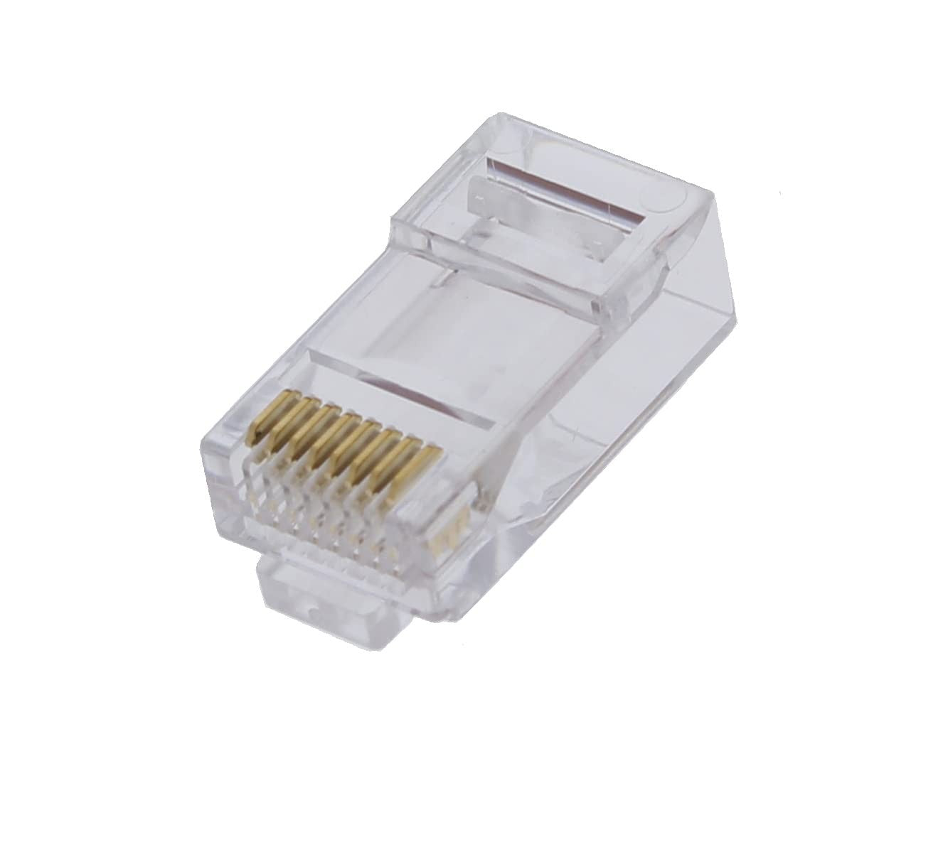 Ideal Industries RJ-45 modular plug connector, 8P8C single piece Ethernet connector with gold contacts and plastic housing.