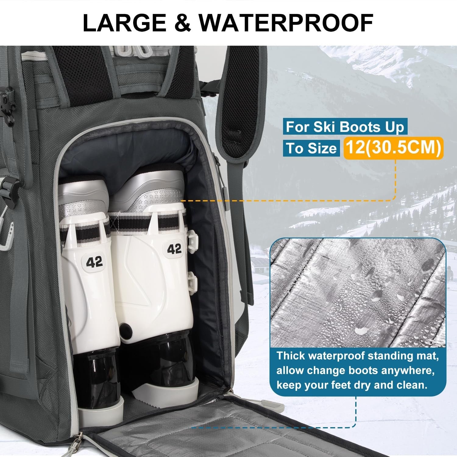 Lunidry 65L waterproof ski and snowboard boot bag with multiple compartments, designed for travel and outdoor winter sports.