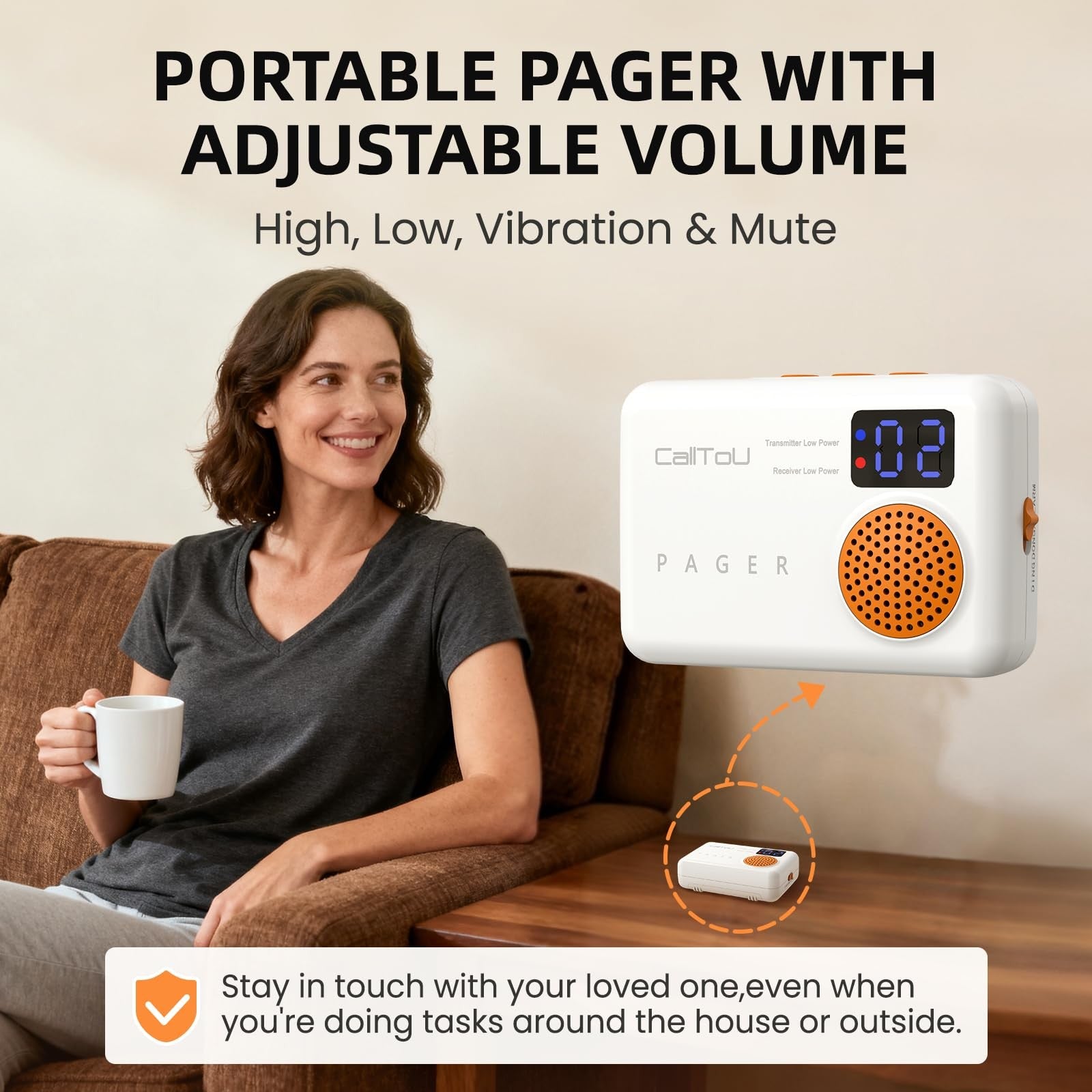 CallToU wireless caregiver pager with call button for elderly at home, portable device with alert button and compact design.