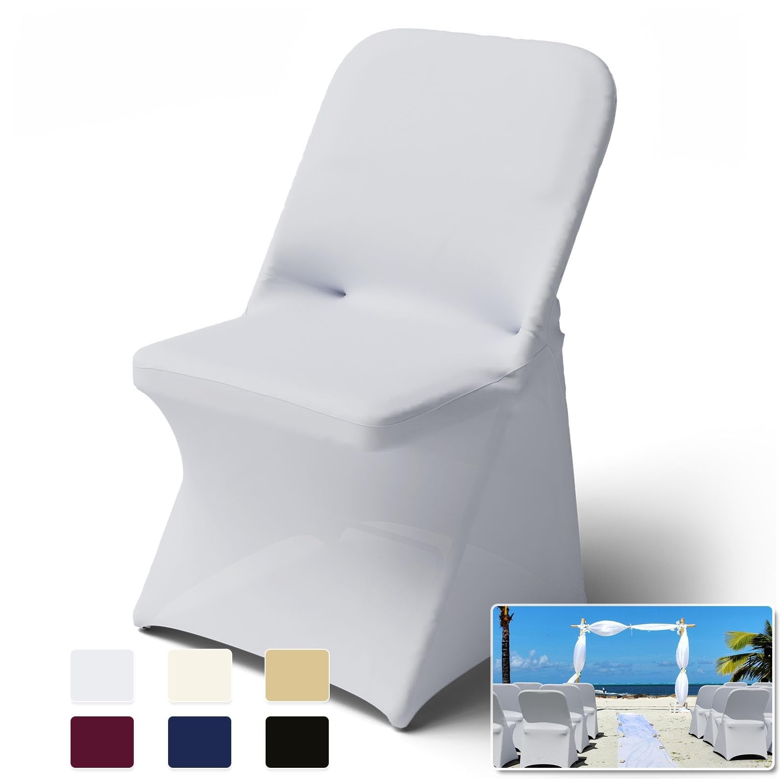 Set of 12 Trlyc Spandex folding chair covers, stretchy universal dining chair covers, showing fitted fabric on chairs.