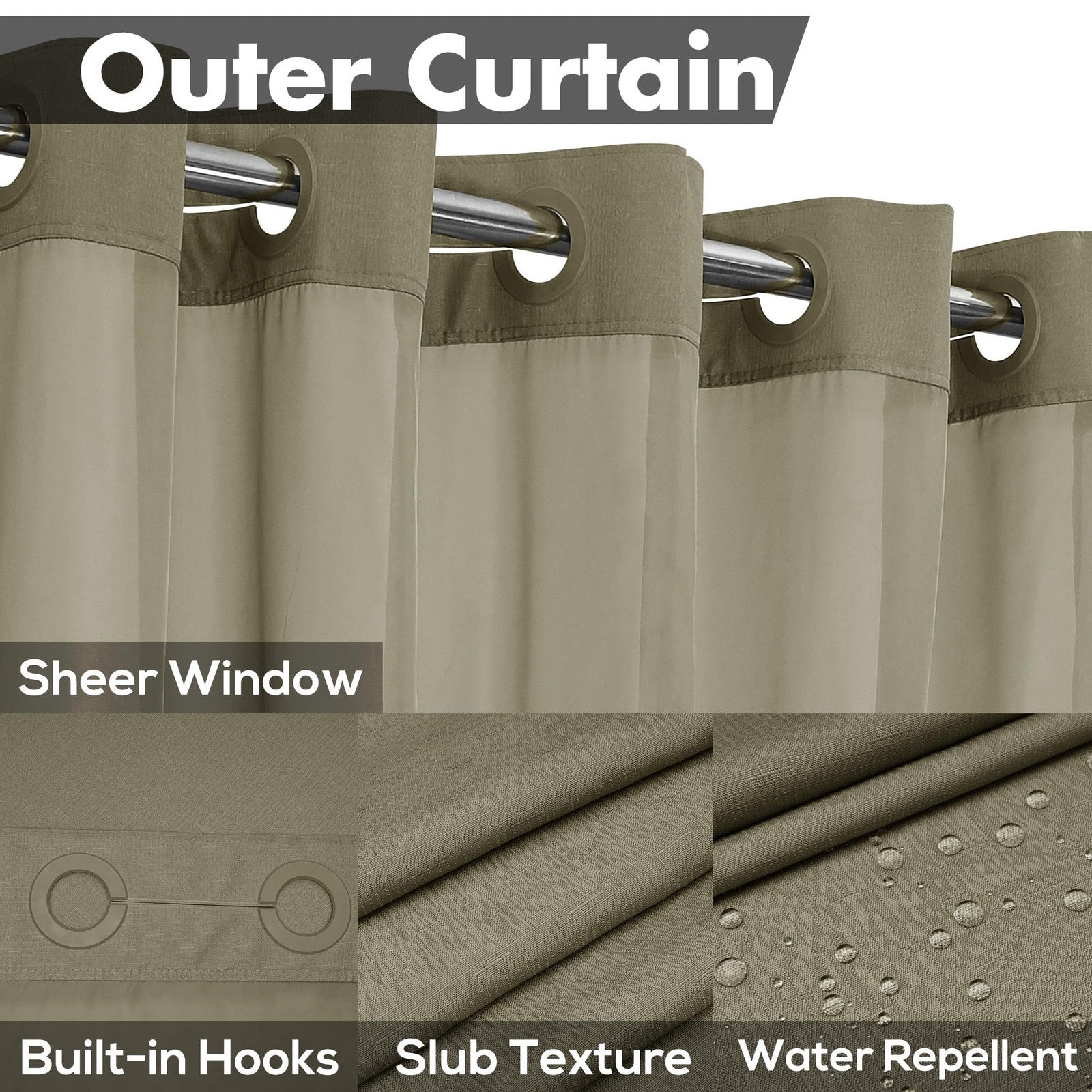 Textured shower curtain and PEVA liner set with snap-in design, 71-inch size, featuring slub fabric for a stylish bathroom look.