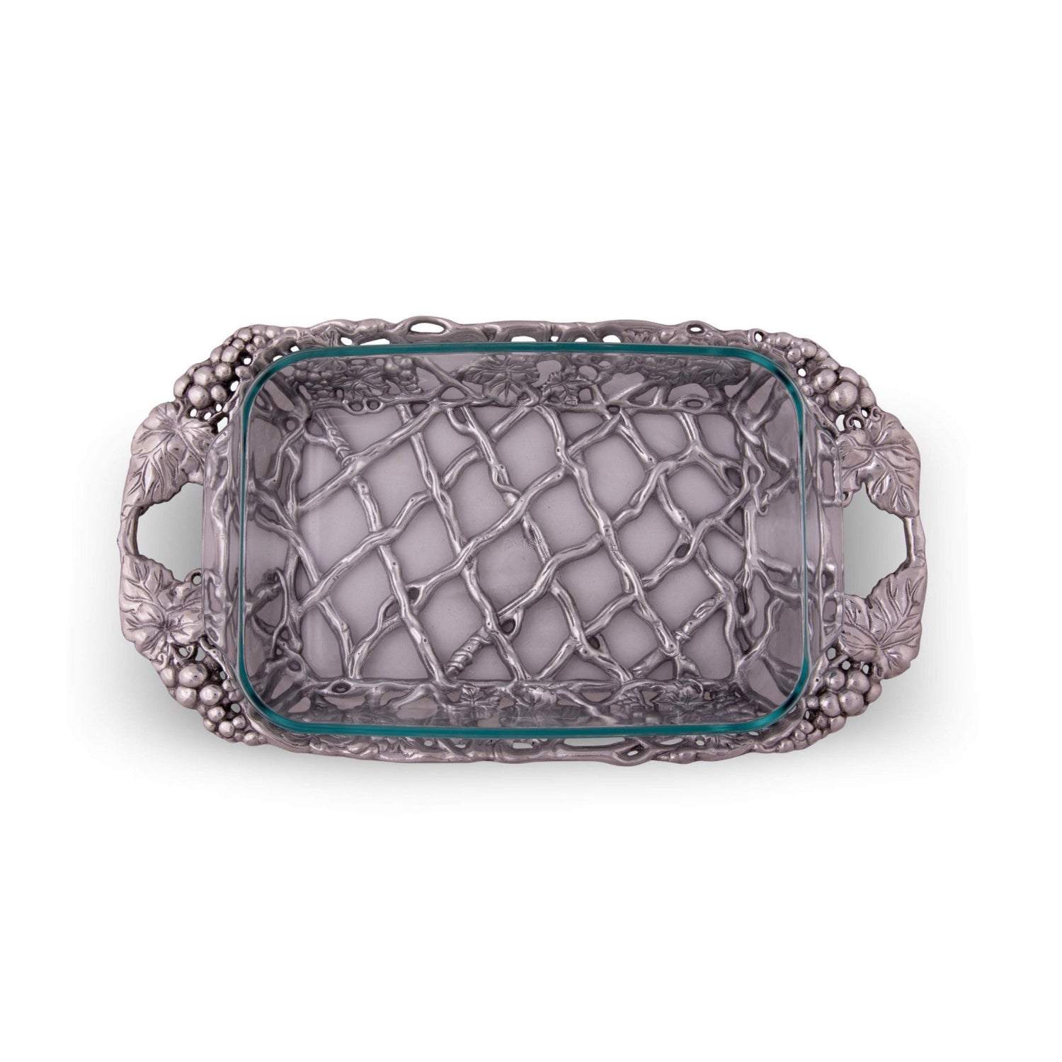 Arthur Court metal Pyrex glass casserole dish holder with grape pattern, sand casted design for secure storage and display.