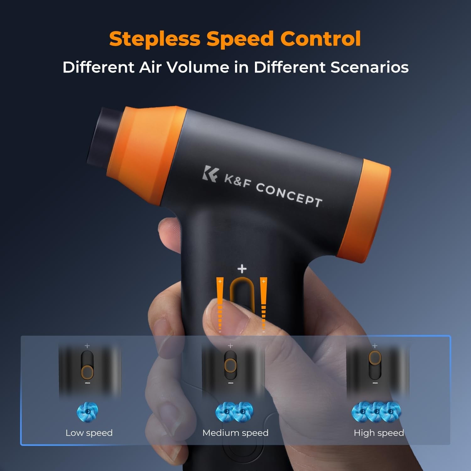 K&F Concept electric air duster blower with stepless speed control, high RPM for cleaning PCs and cars, shown in the image.