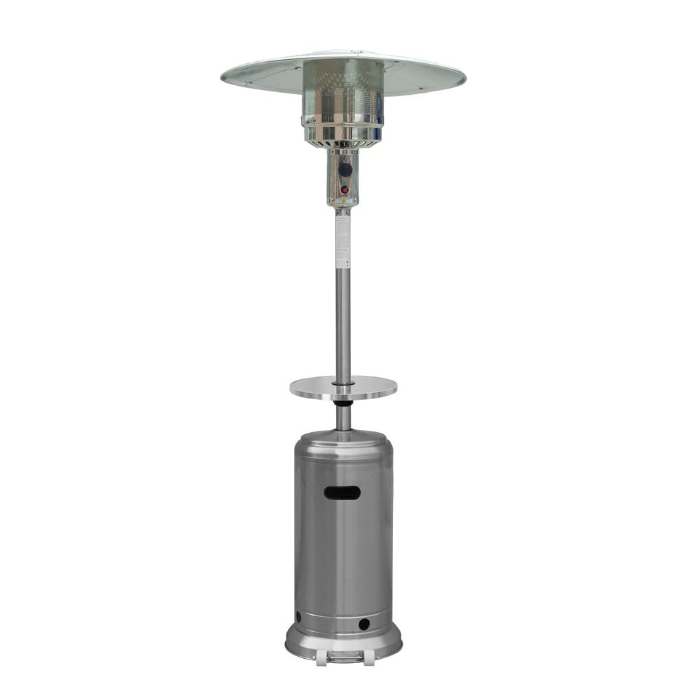Hiland HLDS01-BST propane patio heater with wheels, table, 48,000 BTU, and 33-inch aluminum base for outdoor heating.