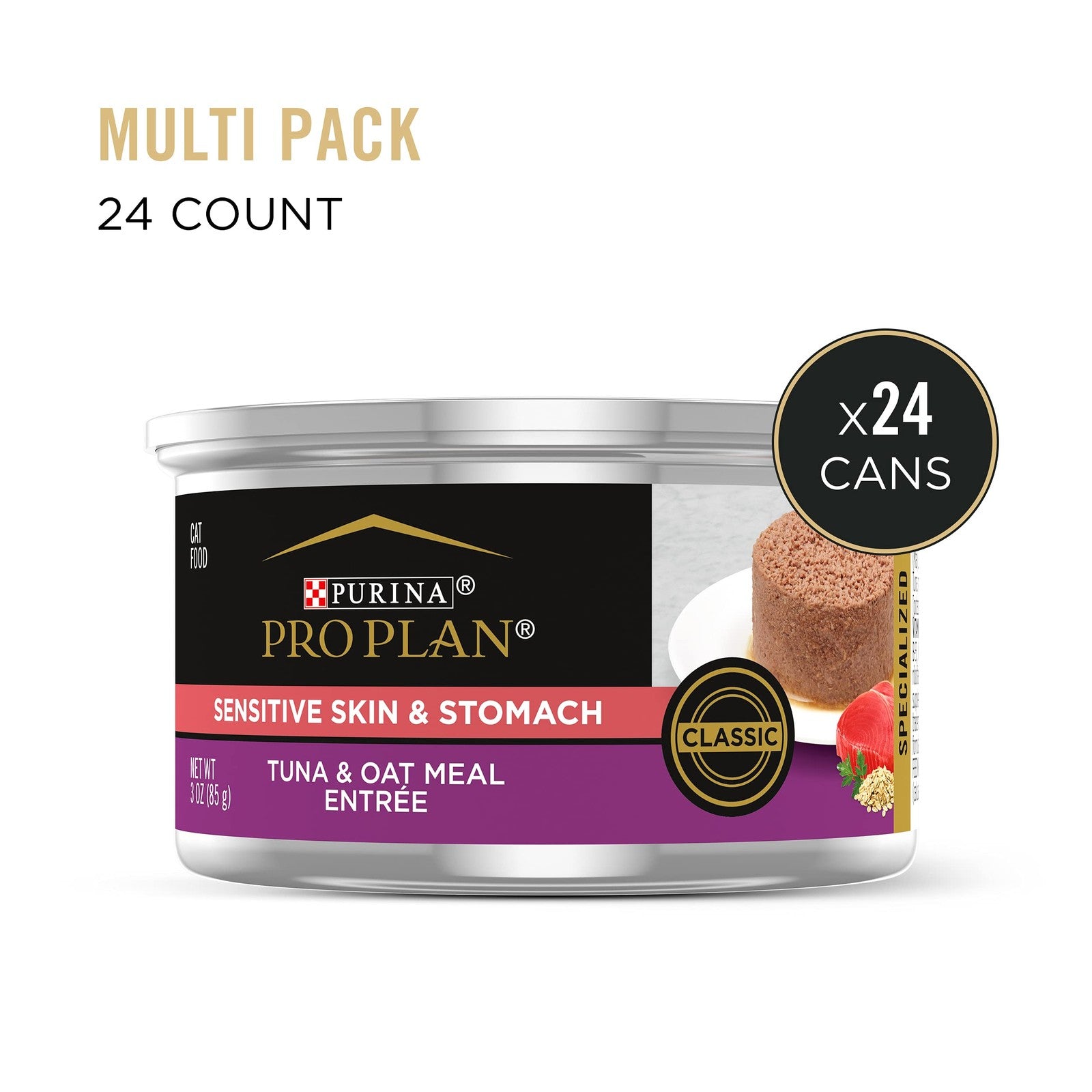 Canned Purina Pro Plan Sensitive Skin & Stomach cat food with tuna and oat meal, showing the product in a bowl.