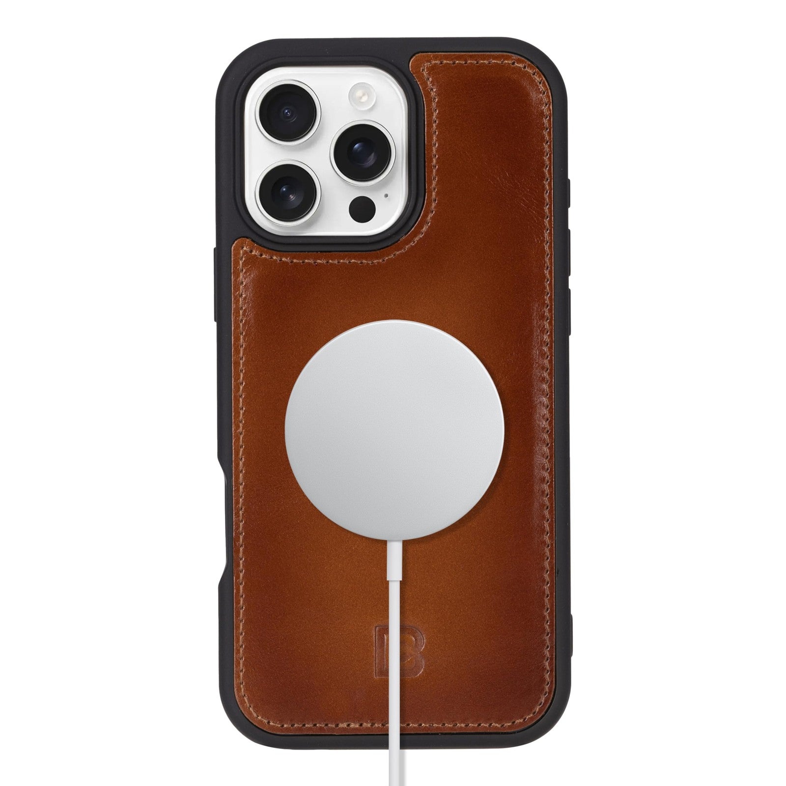 BOULETTA iPhone 16 Pro case wallet with MagSafe, kickstand, and impact-resistant design, shown with phone inside the case.