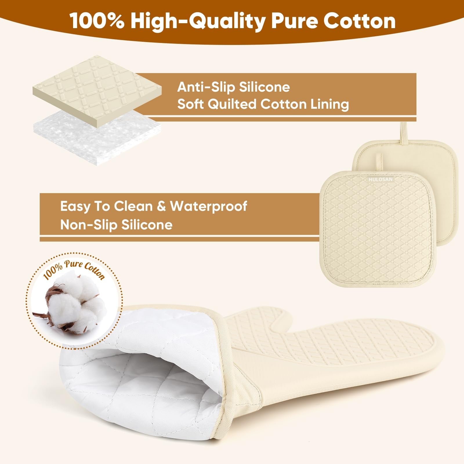HULOSAN silicone oven mitts and pot holder set with 100% cotton kitchen towels, designed for safe handling and cooking.