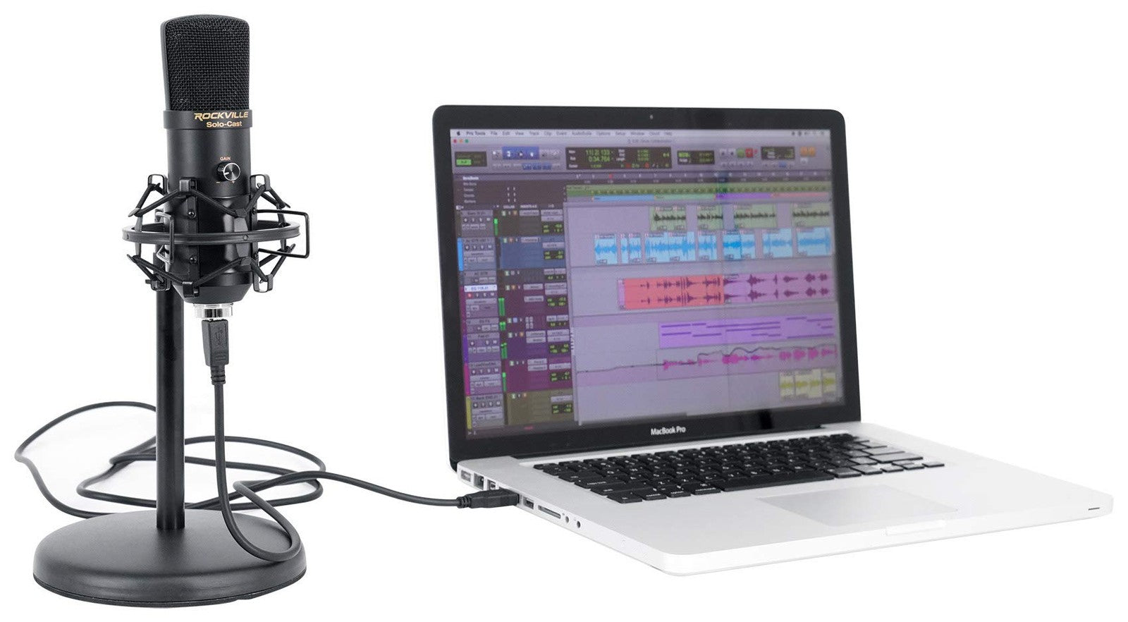 Rockville Solo-Cast USB condenser microphone with unidirectional design and built-in input, ideal for streaming and recording.