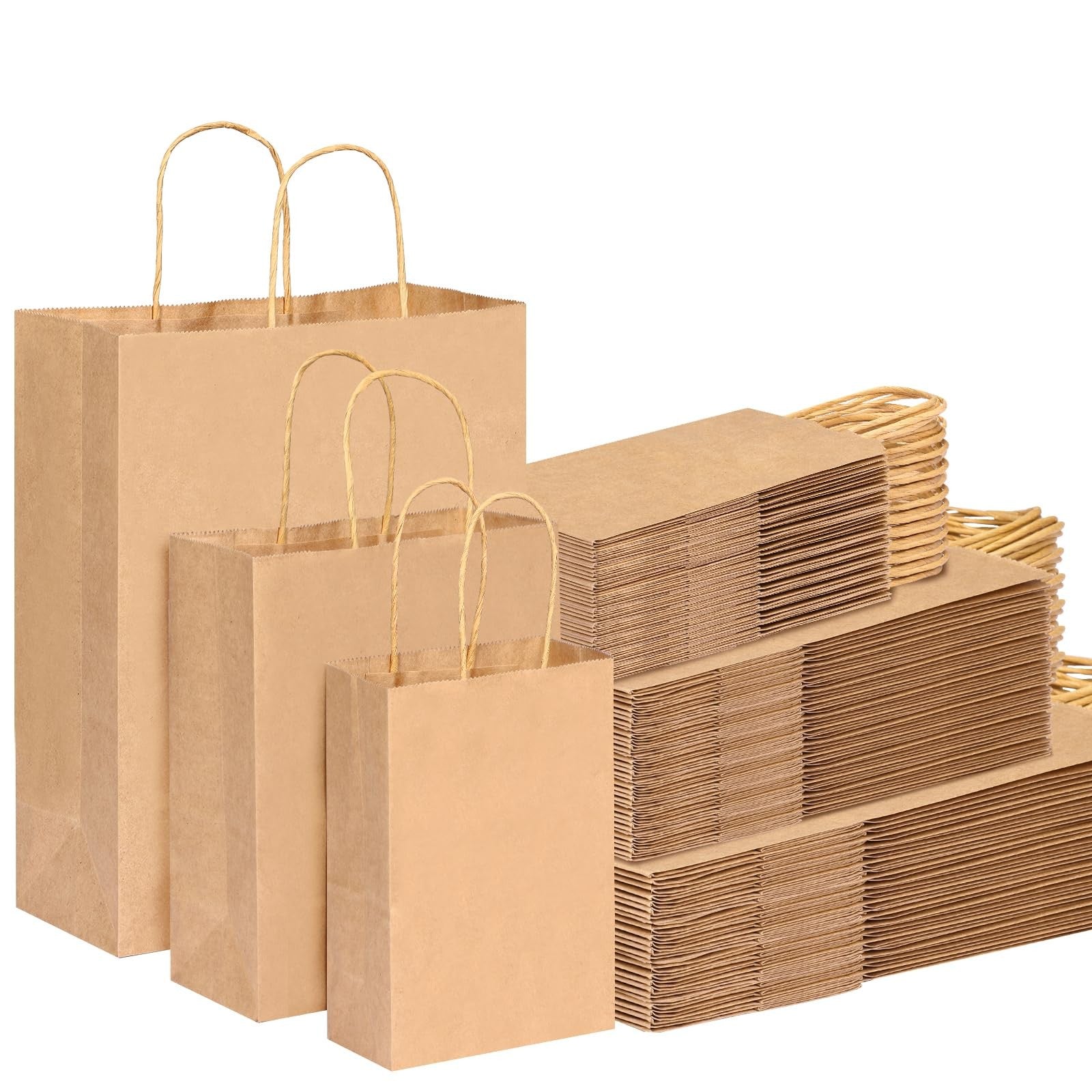 OUTUXED 150-pack of brown kraft paper gift bags with handles in assorted sizes, perfect for gifting or shopping.