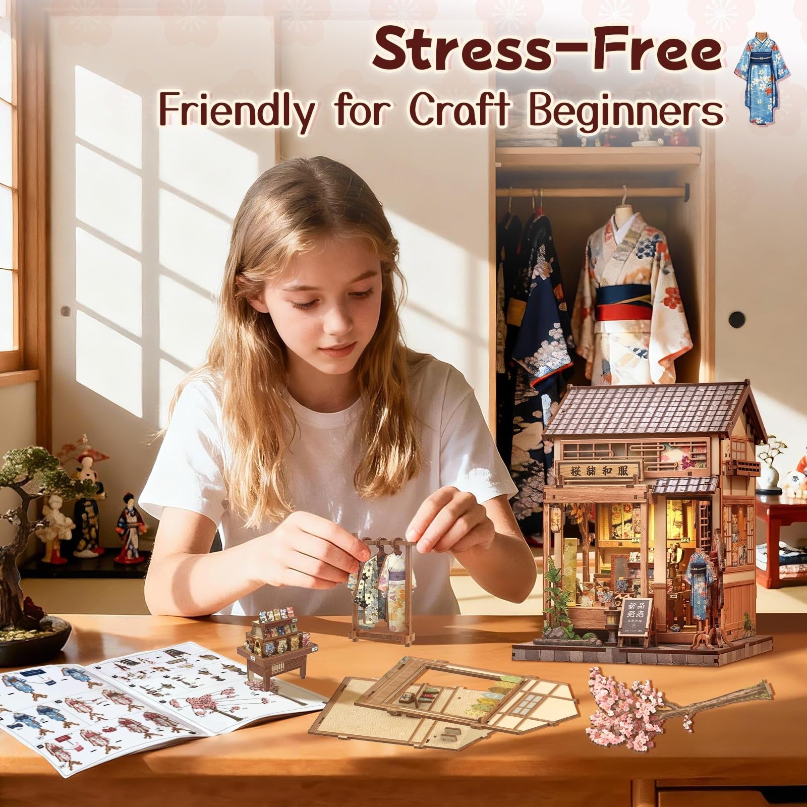 Fsolis Japanese Book Nook Kit miniature house for bookshelf diorama, featuring detailed DIY miniature house for adults.