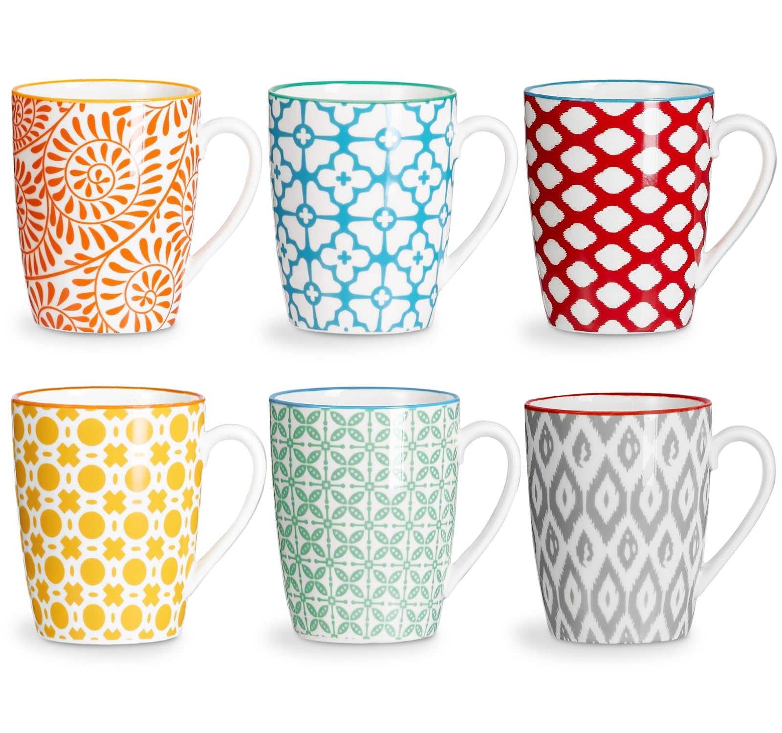 Set of six ONEMORE 12 oz ceramic coffee mugs with handles, white porcelain cups for hot beverages, arranged together.