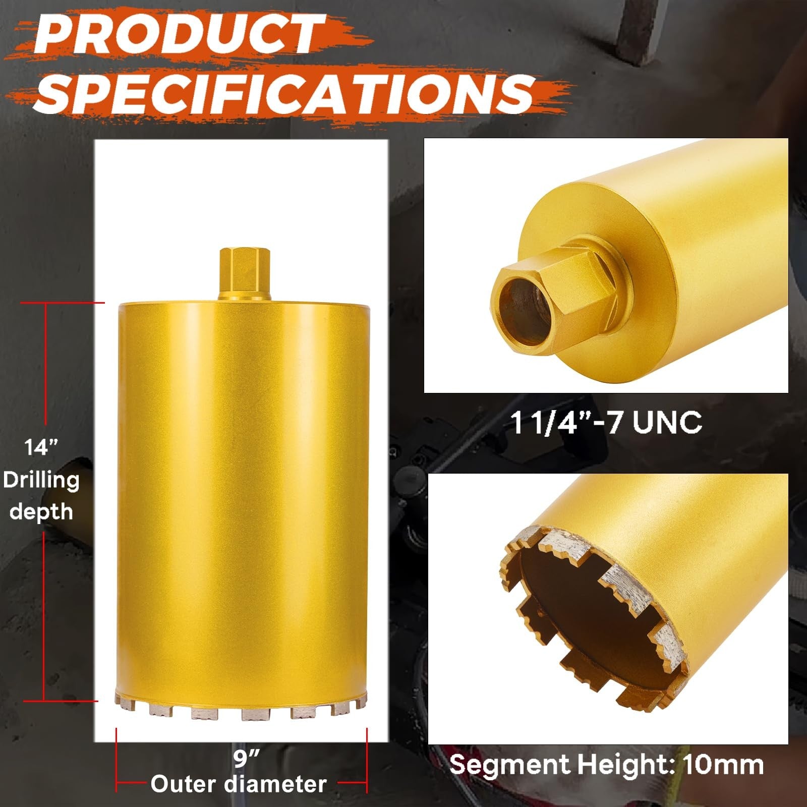 DaduoRi 9-inch wet core drill bit with 14-inch depth and 1-1/4-7 thread, diamond core bit for drilling tough materials.