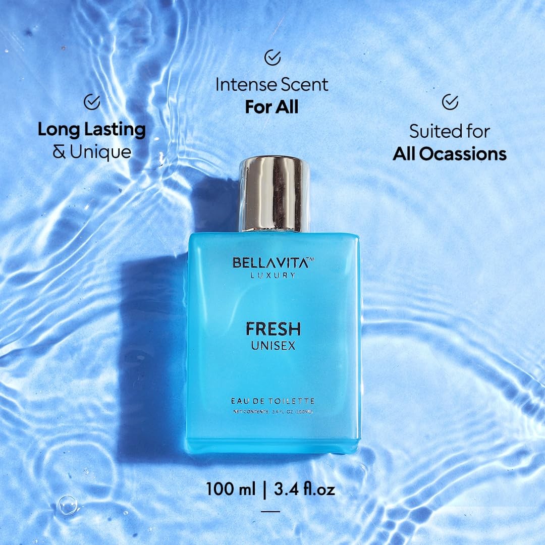 BellaVita Luxury Fresh Unisex EDT 3.4oz bottle with bergamot, lavender, and vanilla scent.