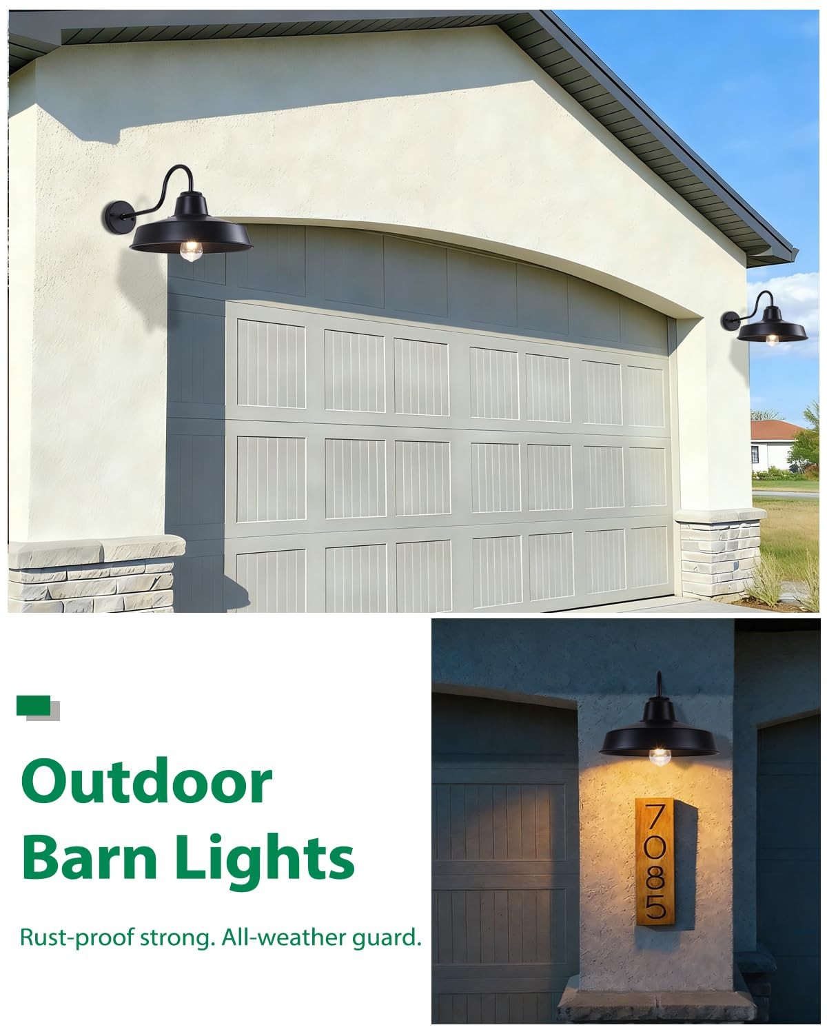Pair of black Mloukuku farmhouse outdoor wall lights with gooseneck barn-style design, mounted on a wall for exterior illumination