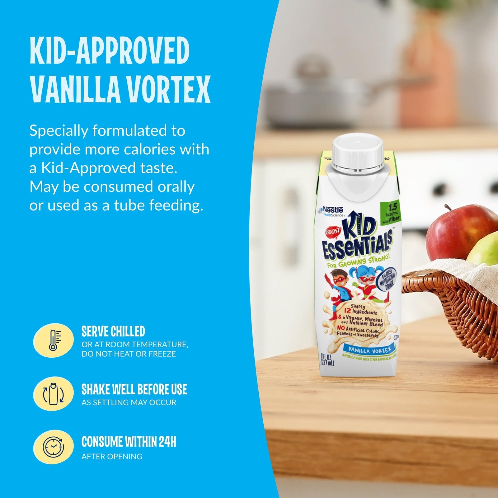 Boost Kid Essentials 1.5 Vanilla Vortex nutritional supplement container with fiber, designed for children's health and wellness.