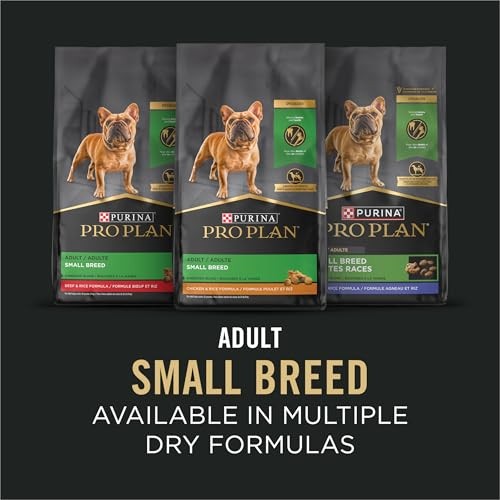 Cans of Purina Pro Plan Adult Small Breed Chicken and Carrots wet dog food, 24-pack, 5.5oz each, arranged on a shelf.