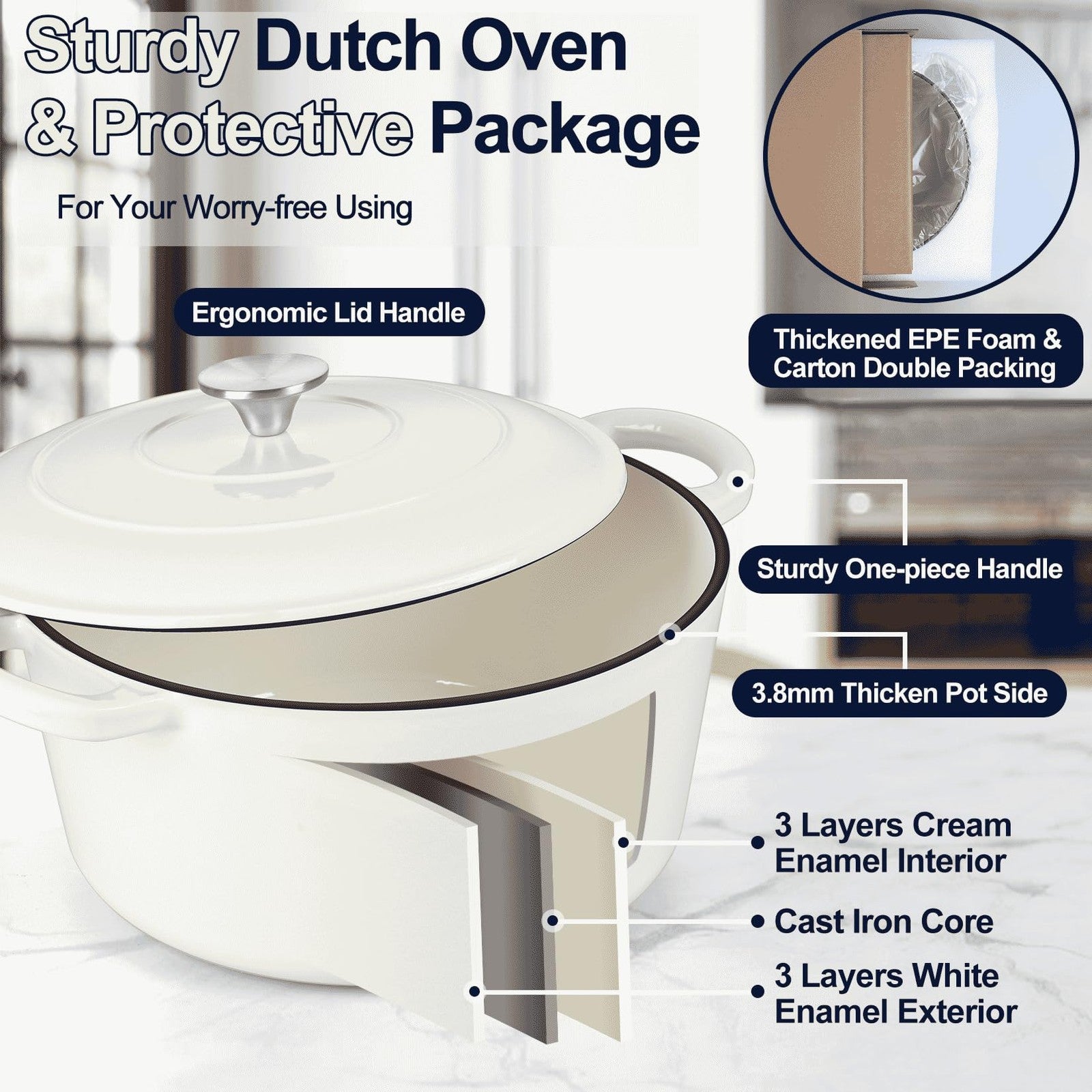 P&P CHEF 6QT enameled cast iron Dutch oven with lid for baking bread and braising in a durable, colorful cookware pot