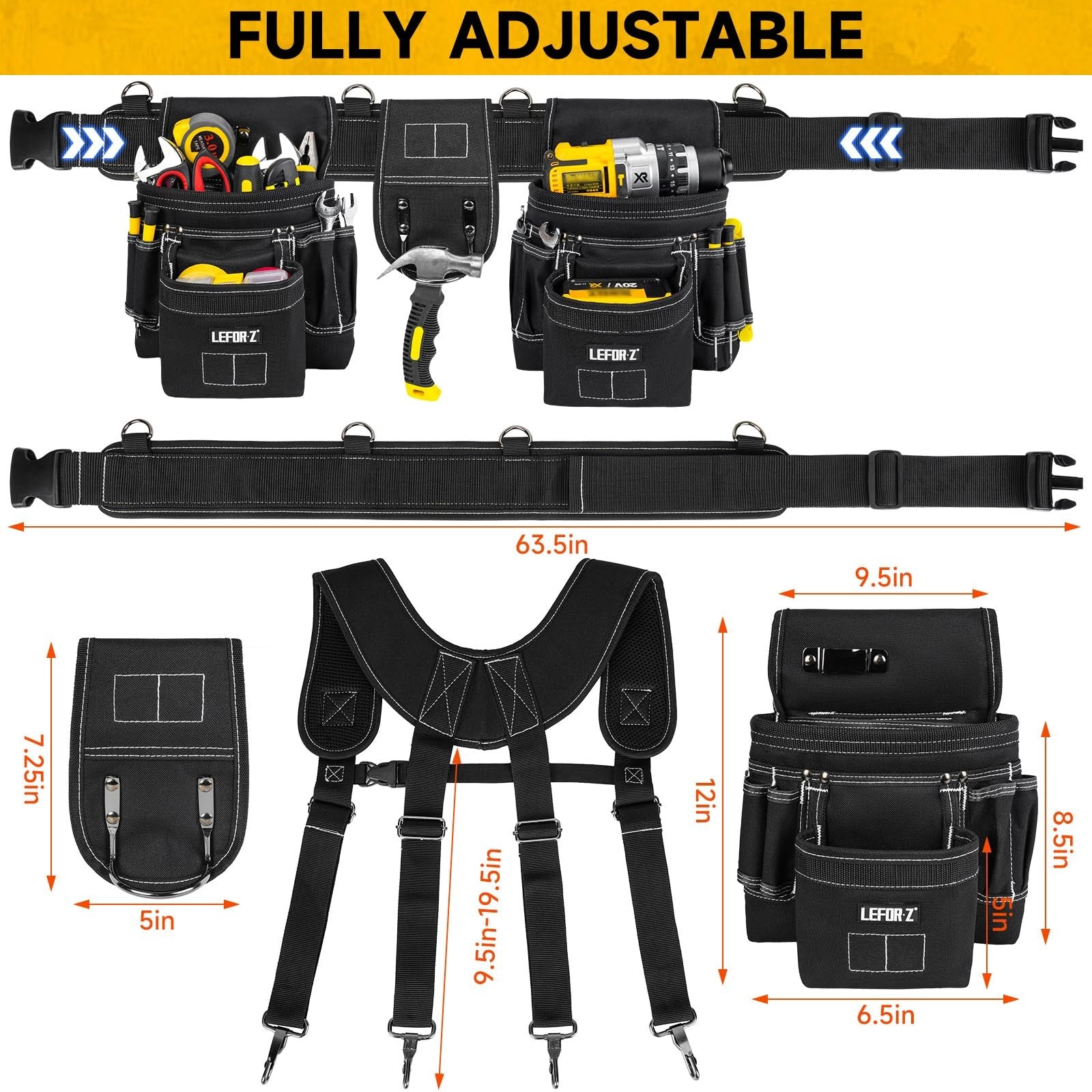 LEFOR·Z heavy-duty tool belt with suspenders and 27 pockets, featuring magnetic tool holders for men.