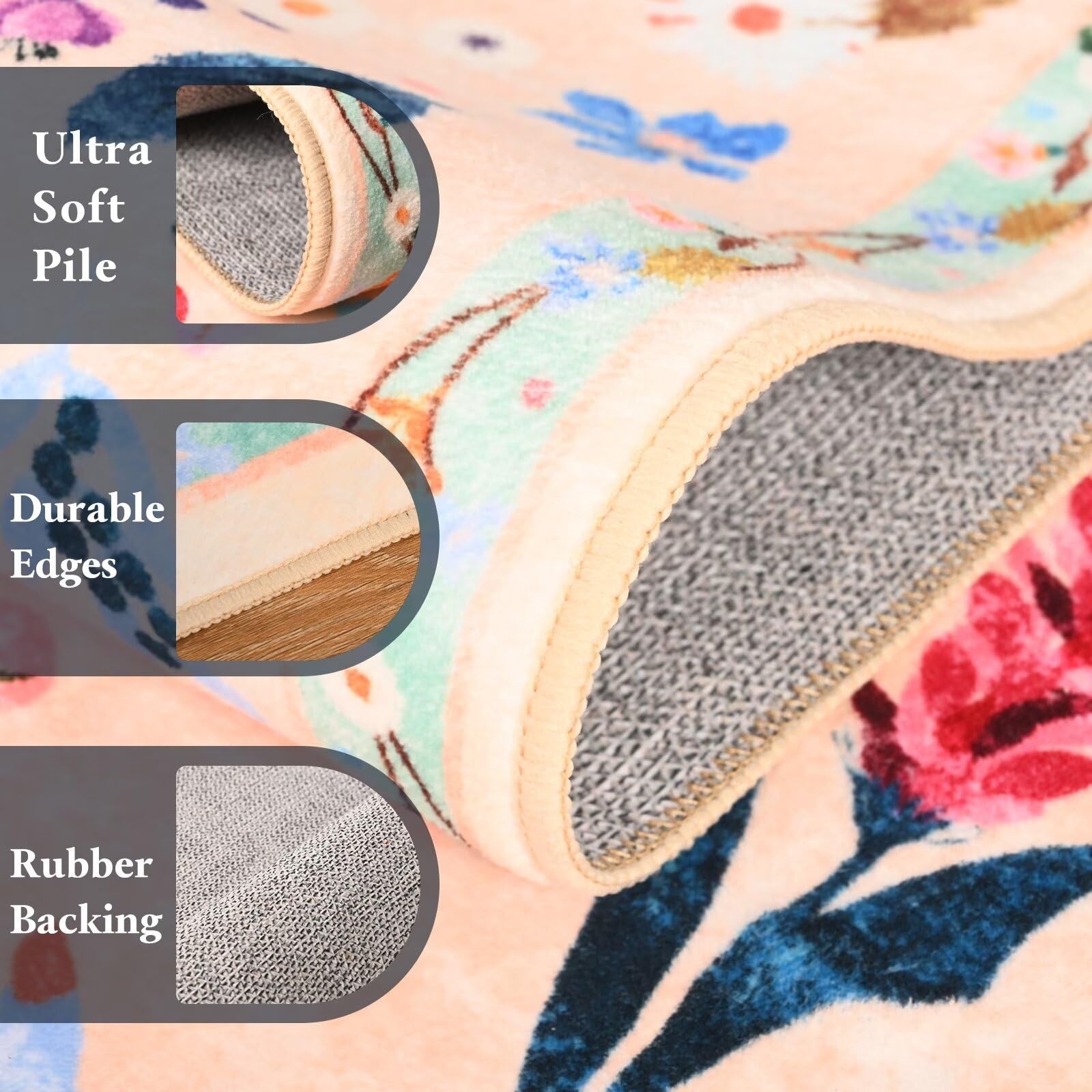 Macgace 2x6 floral runner rug with washable flower print and non-slip backing, ideal for home decor.