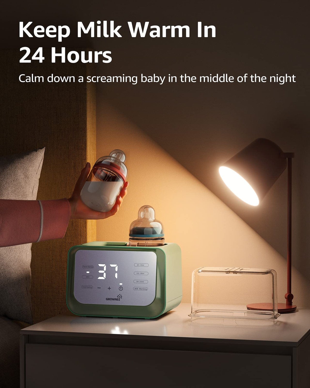 GROWNSY Baby Bottle Warmer 8-in-1 milk warmer with timer, suitable for breastmilk or formula, shown heating a baby bottle.