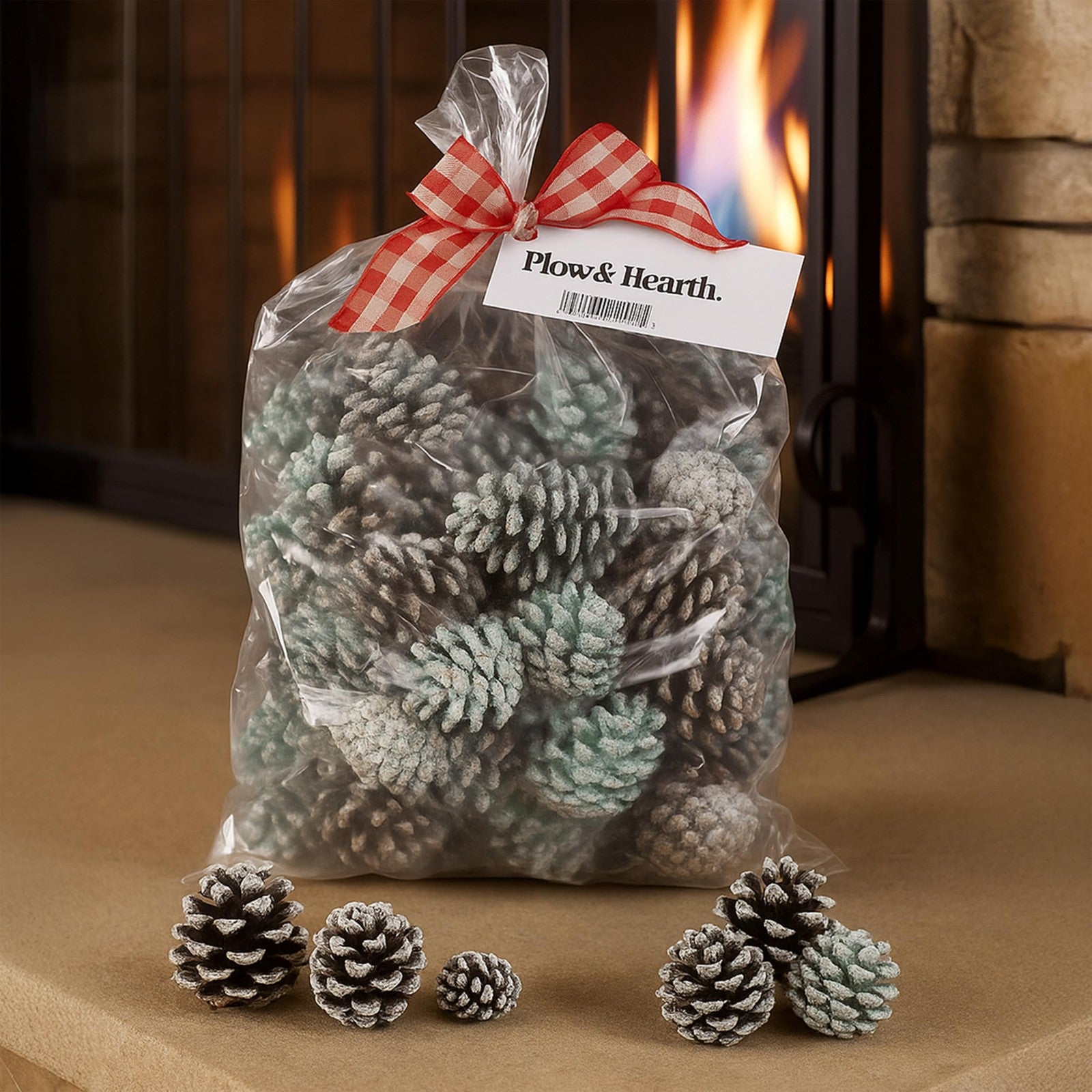Colorful rainbow flame-changing pine cones for firepit or fireplace decor, vibrant festive fun from Plow & Hearth.